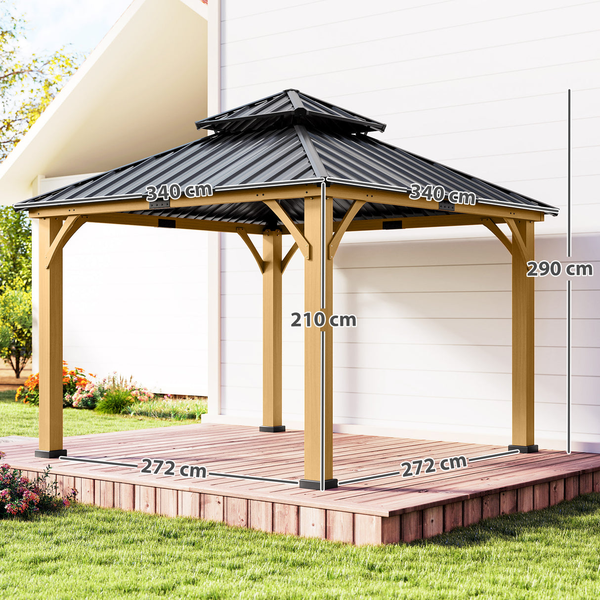 Fir Wood Hardtop Gazebo 340cm Width x 340cm Depth With Double Metal Roof - Velmora