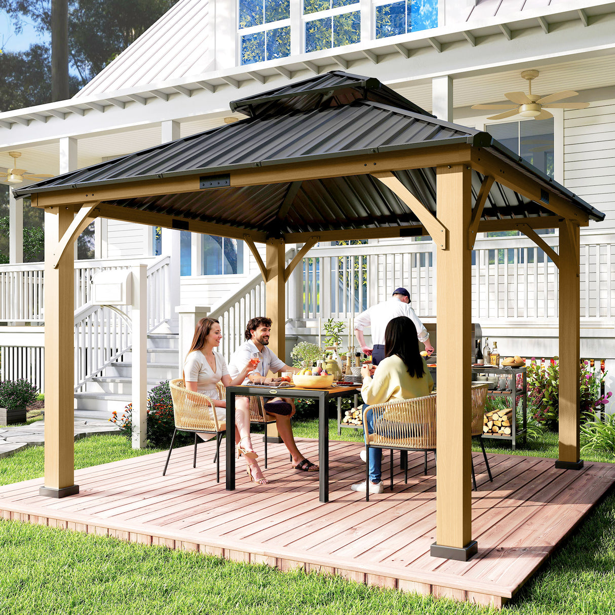 Fir Wood Hardtop Gazebo 340cm Width x 340cm Depth With Double Metal Roof - Velmora