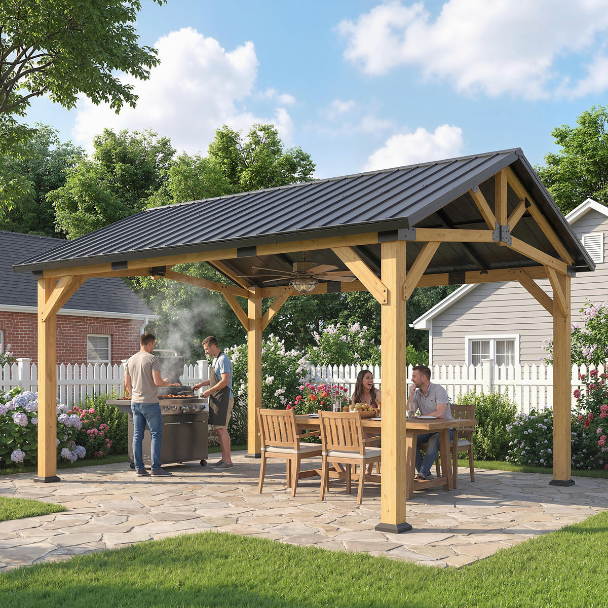 Fir Wood Hardtop Gazebo 3.97 x 3.37m with Metal Roof | Cozy Furniture ...