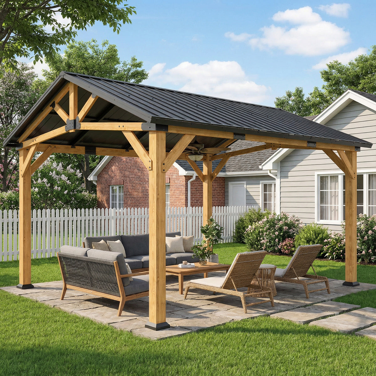 Fir Wood Hardtop Gazebo 3.97 x 3.37m with Metal Roof | Cozy Furniture ...