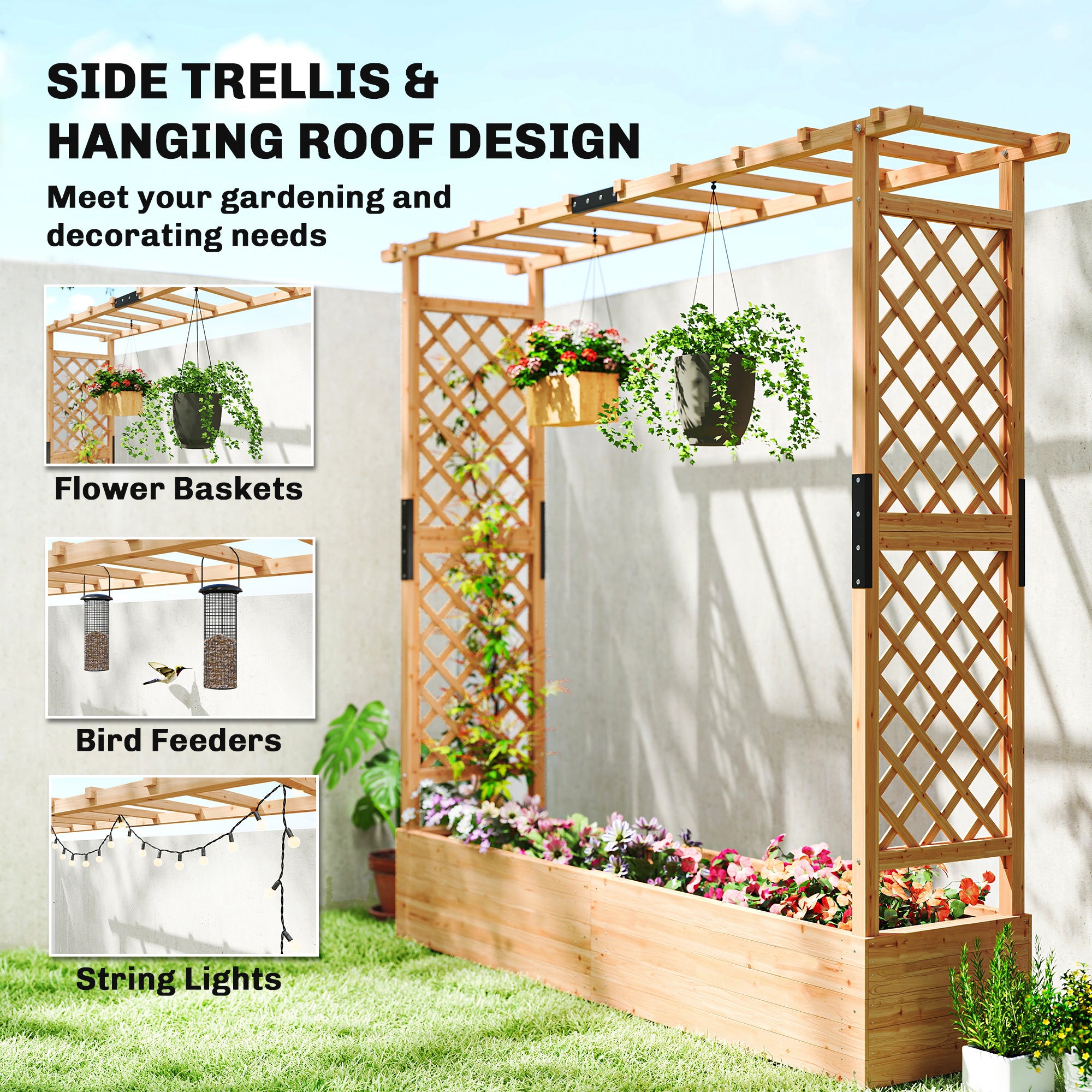 Fir Wood Outdoor Garden Planter Box 196cm Wide - Velmora