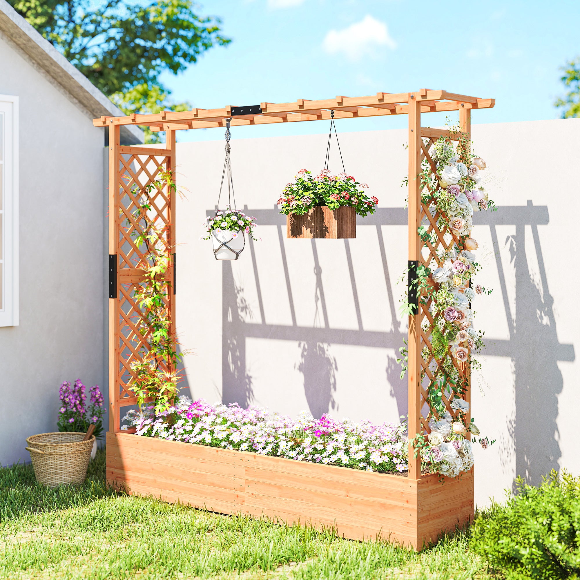 Fir Wood Outdoor Garden Planter Box 196cm Wide - Velmora