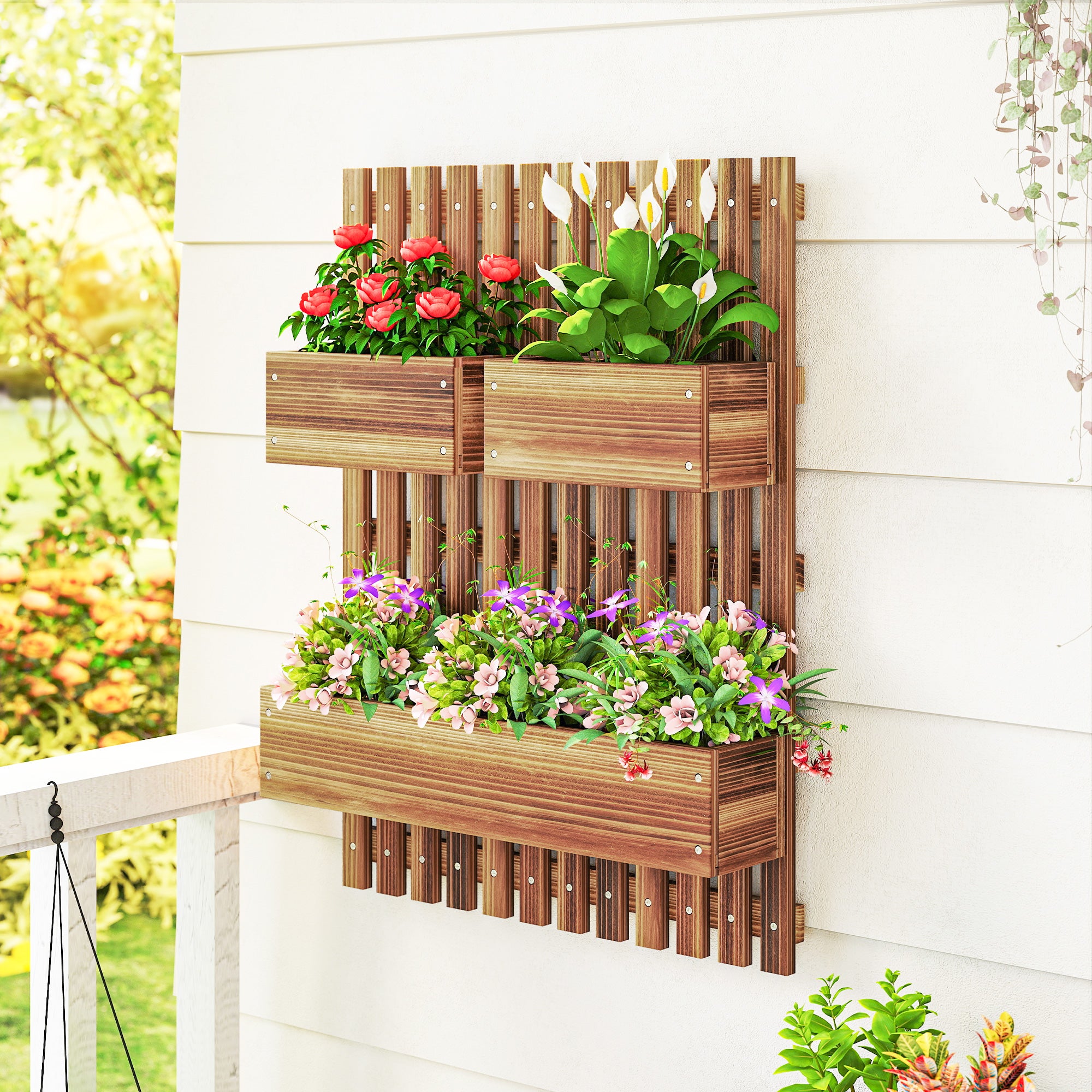 Fir Wood Outdoor Garden Planter Box 60cm Wide in Set Of 2 - Velmora