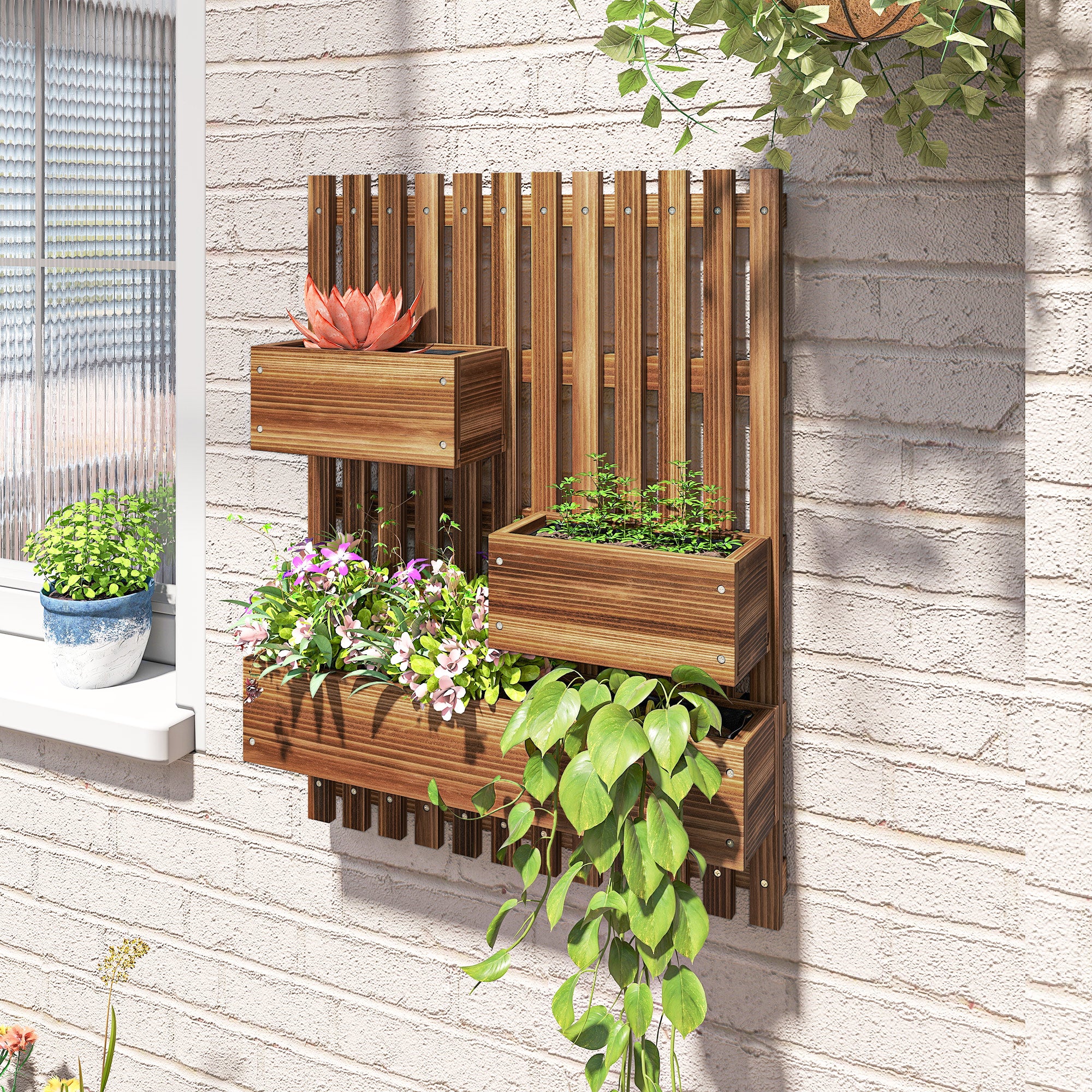 Fir Wood Outdoor Garden Planter Box 60cm Wide in Set Of 2 - Velmora