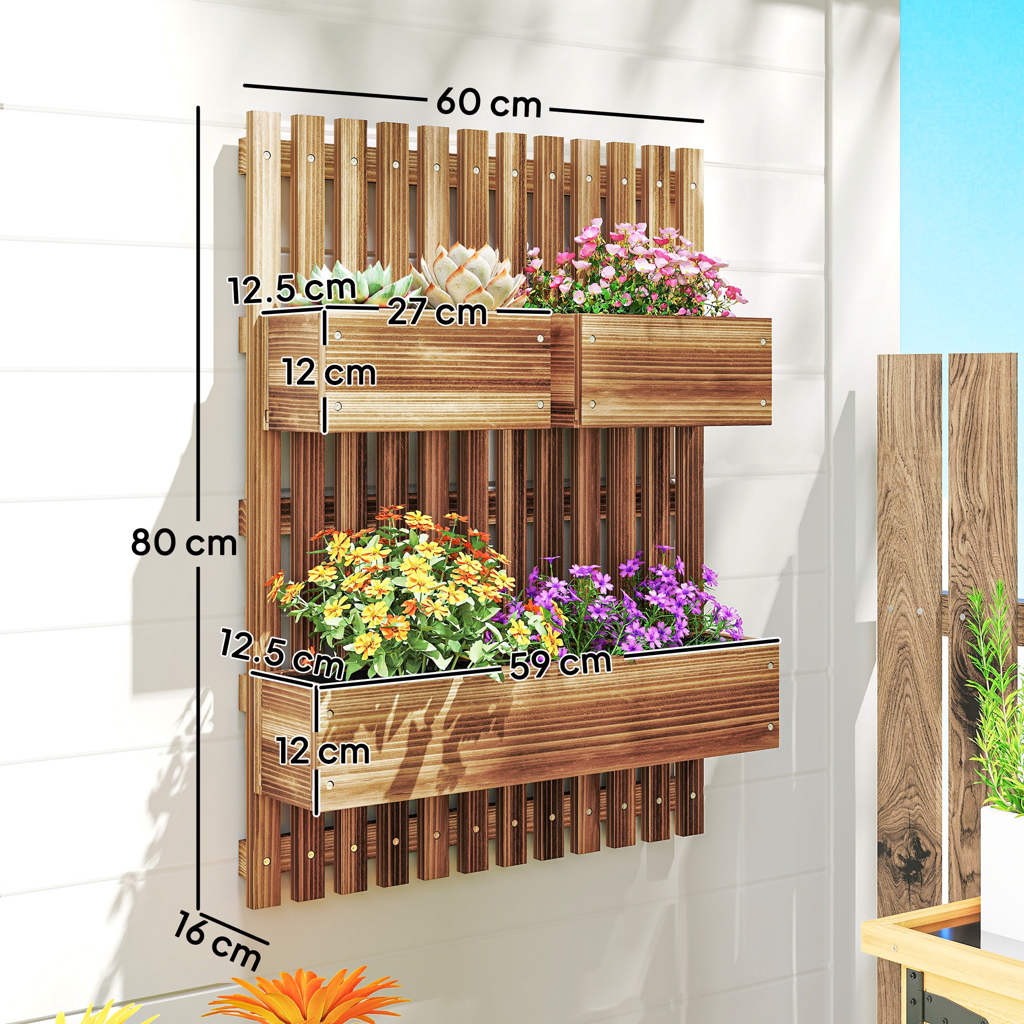 Fir Wood Outdoor Garden Planter Box 60cm Wide in Set Of 2 - Velmora
