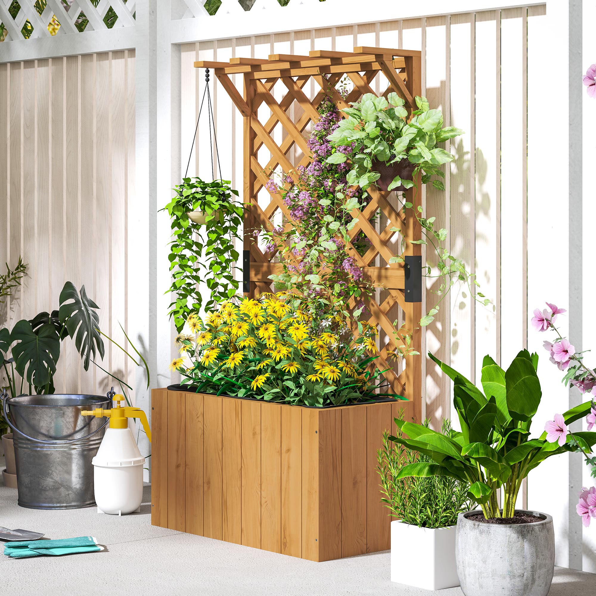Fir Wood Outdoor Garden Planter Box 64cm Wide - Velmora