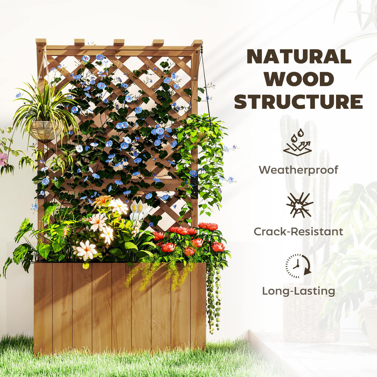 Fir Wood Outdoor Garden Planter Box 64cm Wide - Velmora