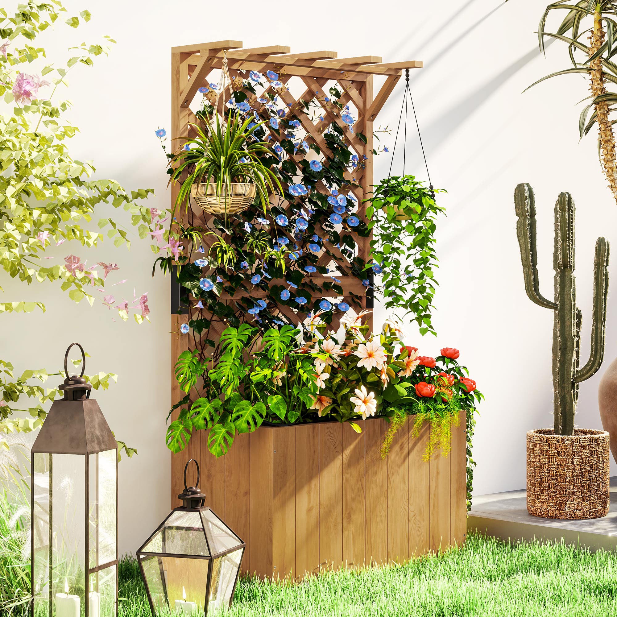 Fir Wood Outdoor Garden Planter Box 64cm Wide - Velmora