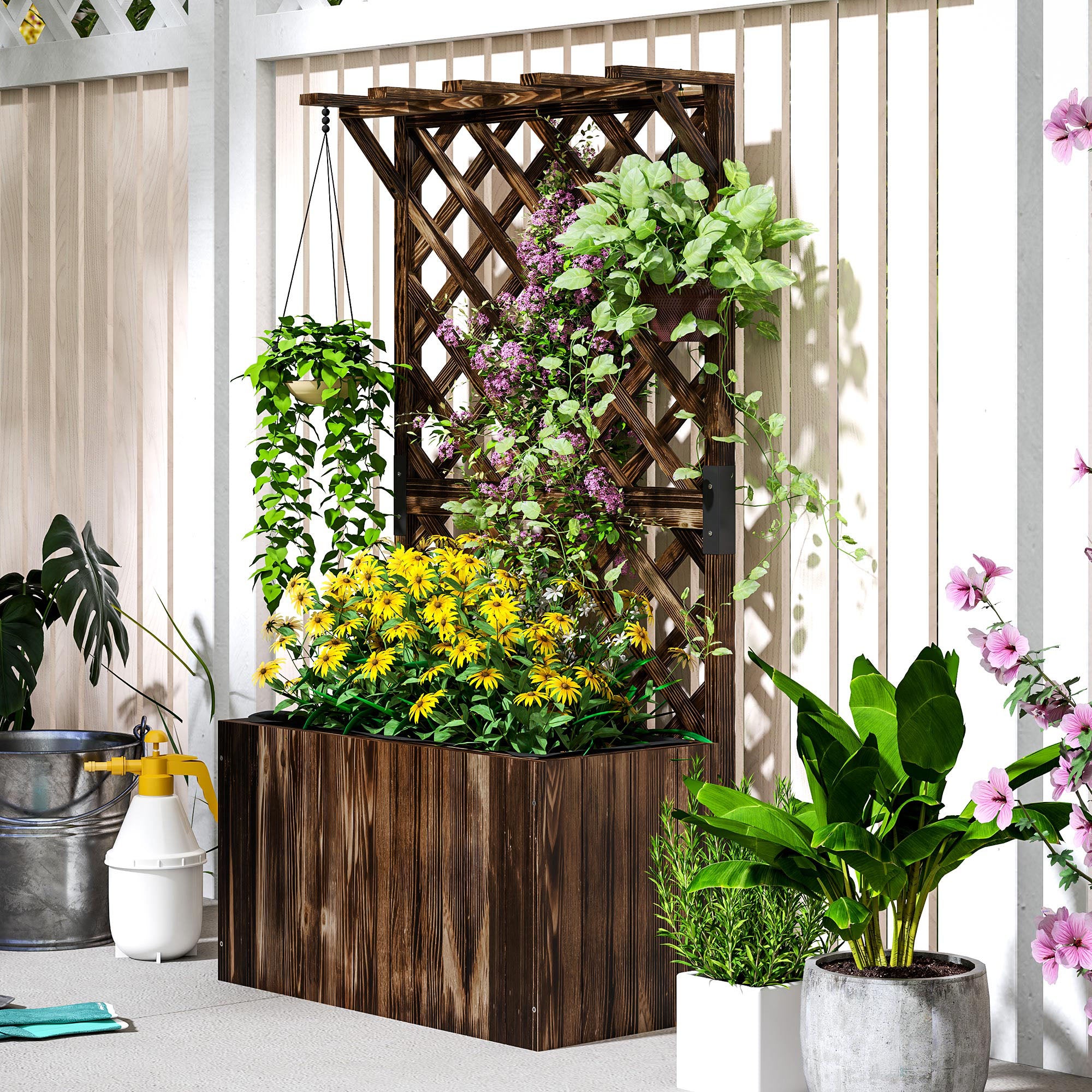 Fir Wood Outdoor Garden Planter Box 64cm Wide - Velmora