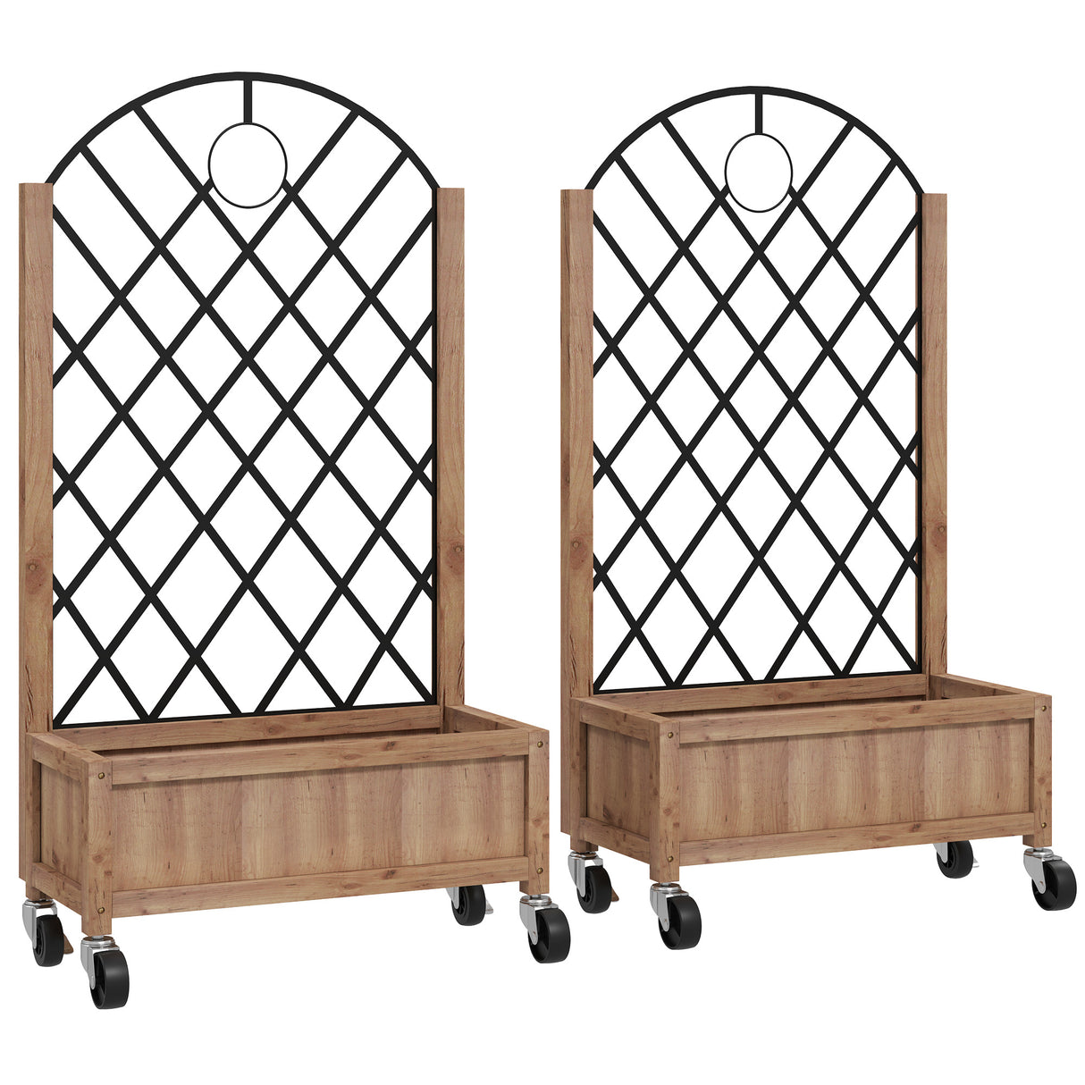 Fir Wood Outdoor Garden Planter Box With Wheels 52cm Wide in Set Of 2 - Velmora