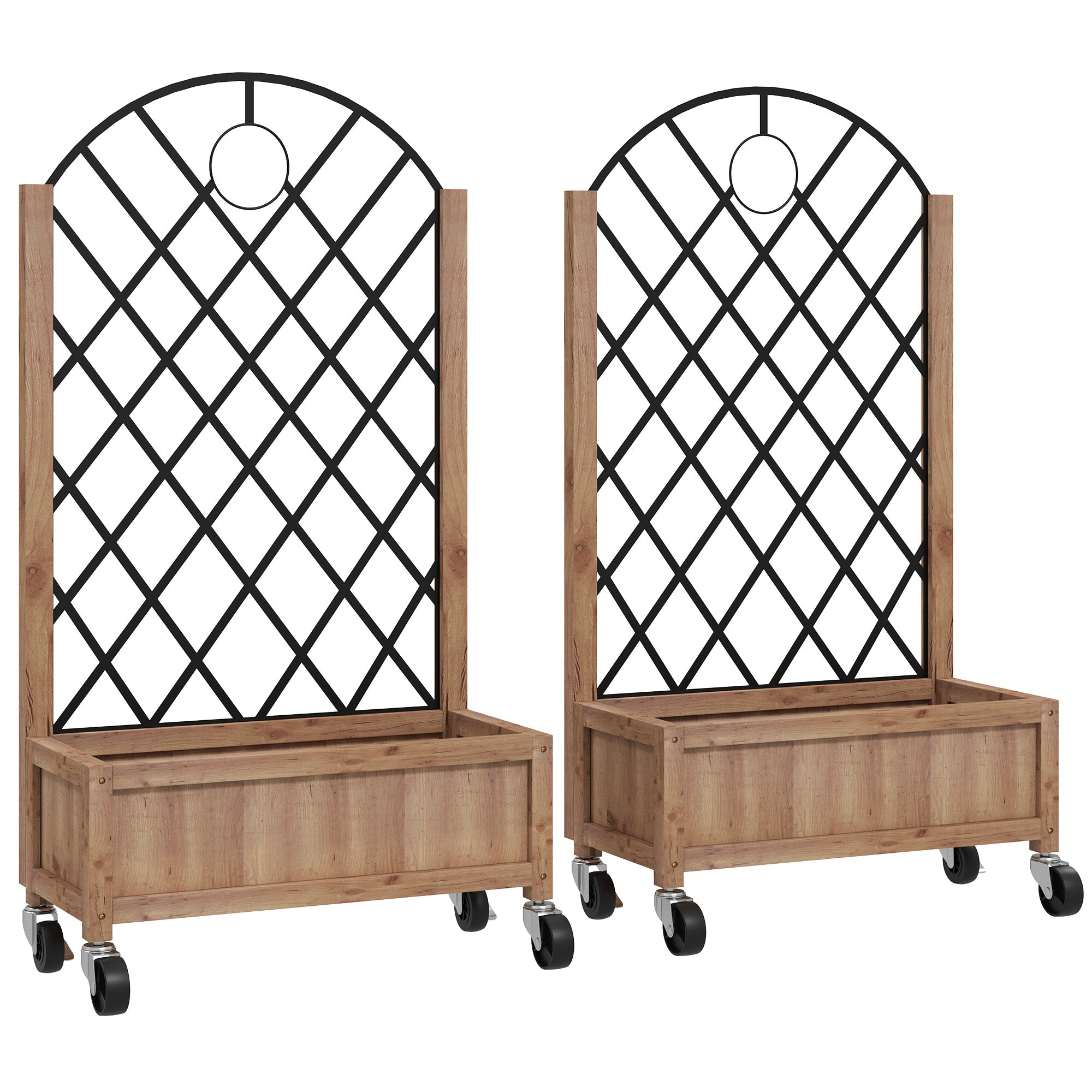 Fir Wood Outdoor Garden Planter Box With Wheels 52cm Wide in Set Of 2 - Velmora