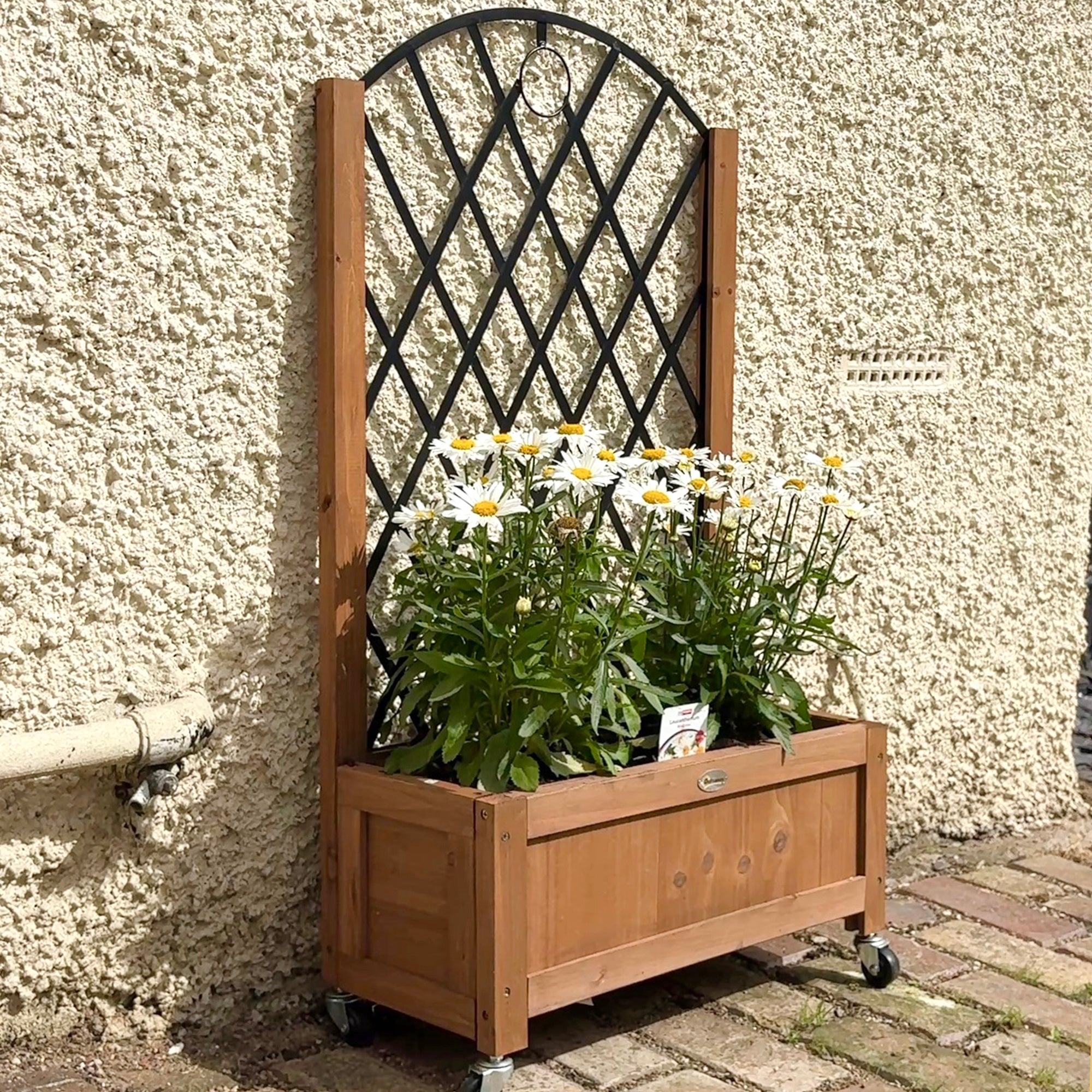 Fir Wood Outdoor Garden Planter Box With Wheels 52cm Wide in Set Of 2 - Velmora