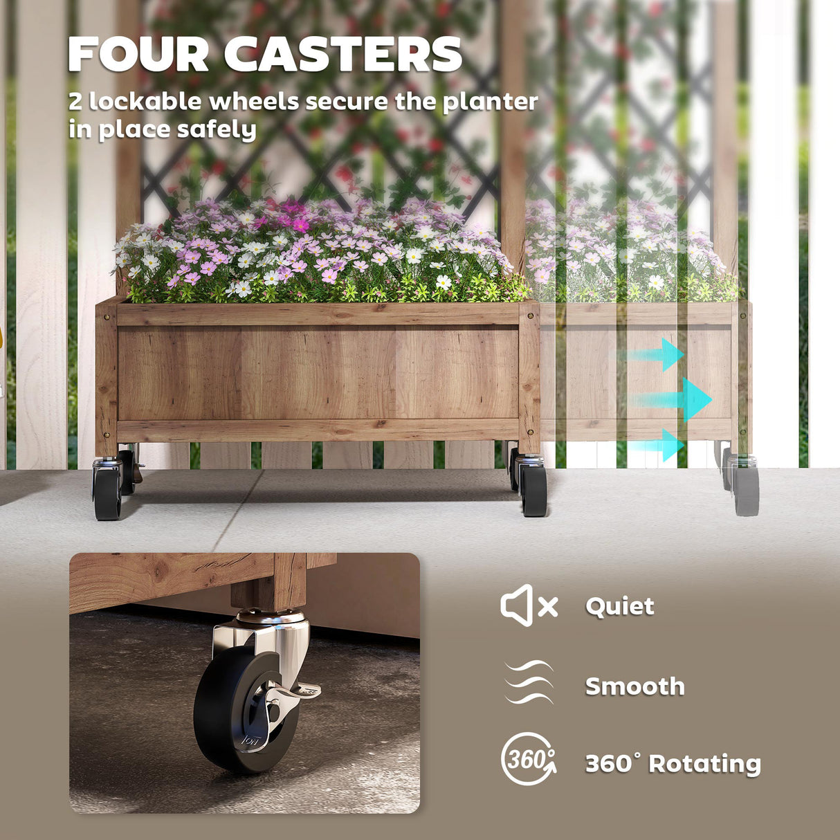 Fir Wood Outdoor Garden Planter Box With Wheels 52cm Wide in Set Of 2 - Velmora