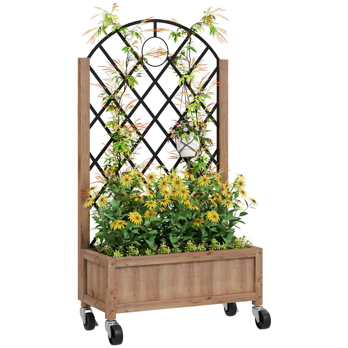 Fir Wood Outdoor Garden Planter Box With Wheels 52cm Wide - Velmora