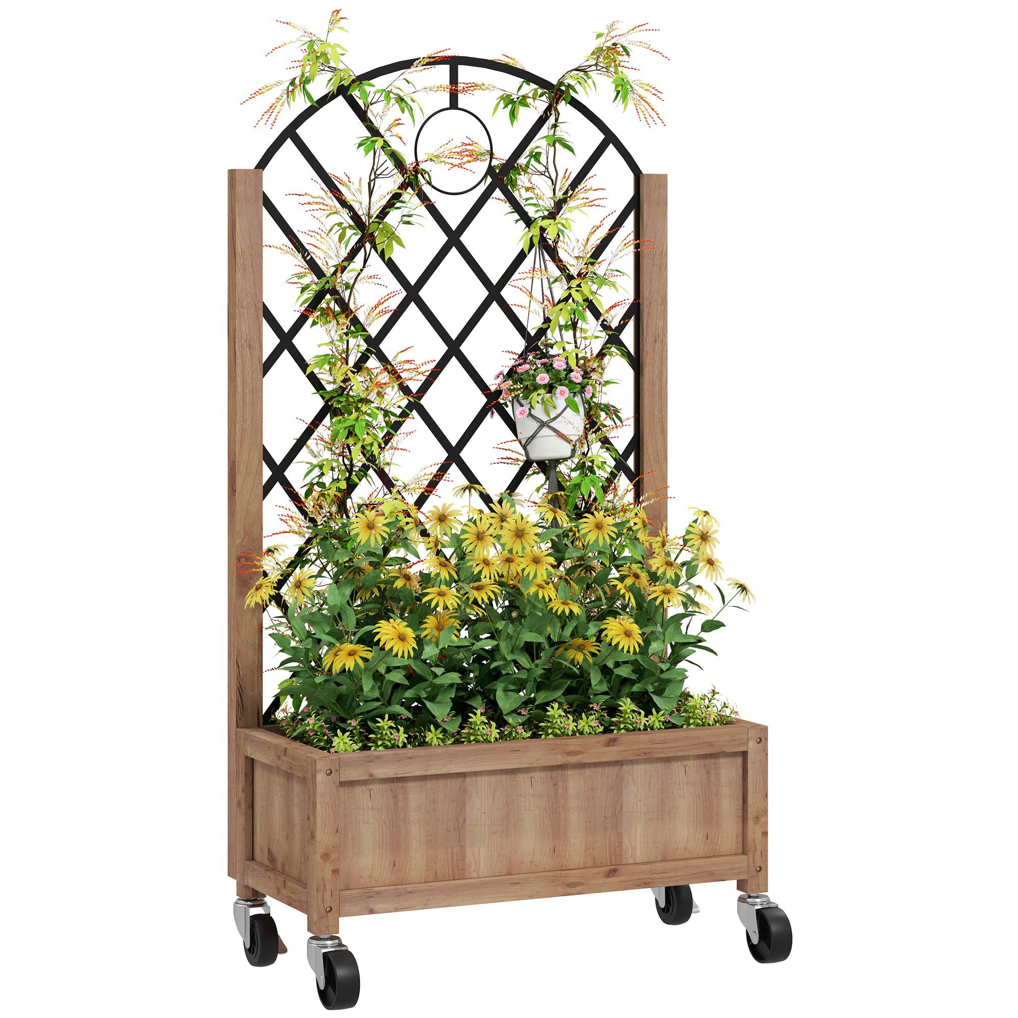 Fir Wood Outdoor Garden Planter Box With Wheels 52cm Wide - Velmora