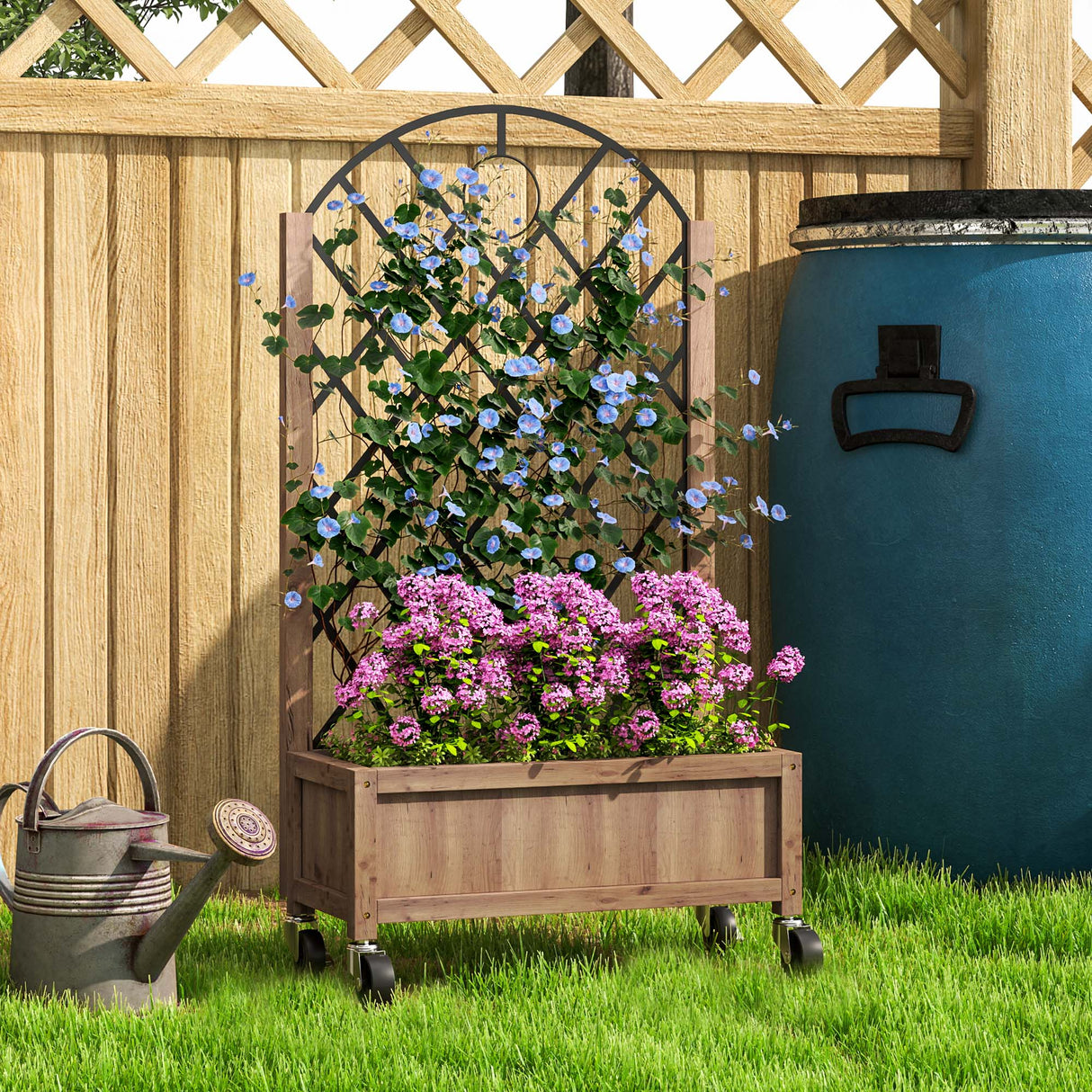 Fir Wood Outdoor Garden Planter Box With Wheels 52cm Wide - Velmora