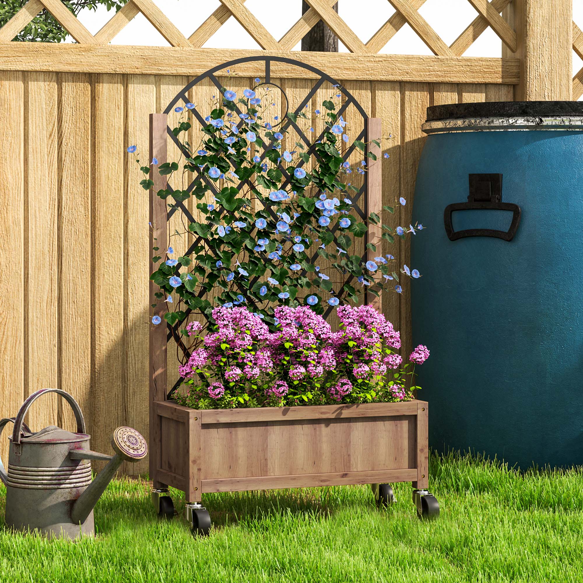 Fir Wood Outdoor Garden Planter Box With Wheels 52cm Wide - Velmora