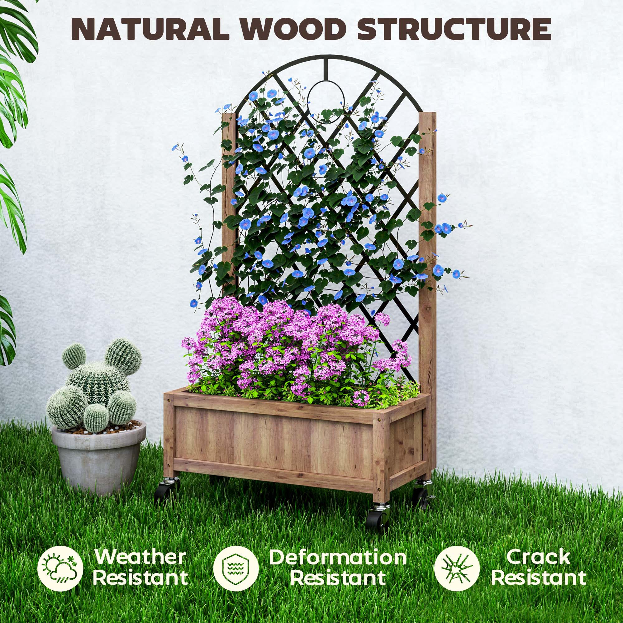 Fir Wood Outdoor Garden Planter Box With Wheels 52cm Wide - Velmora