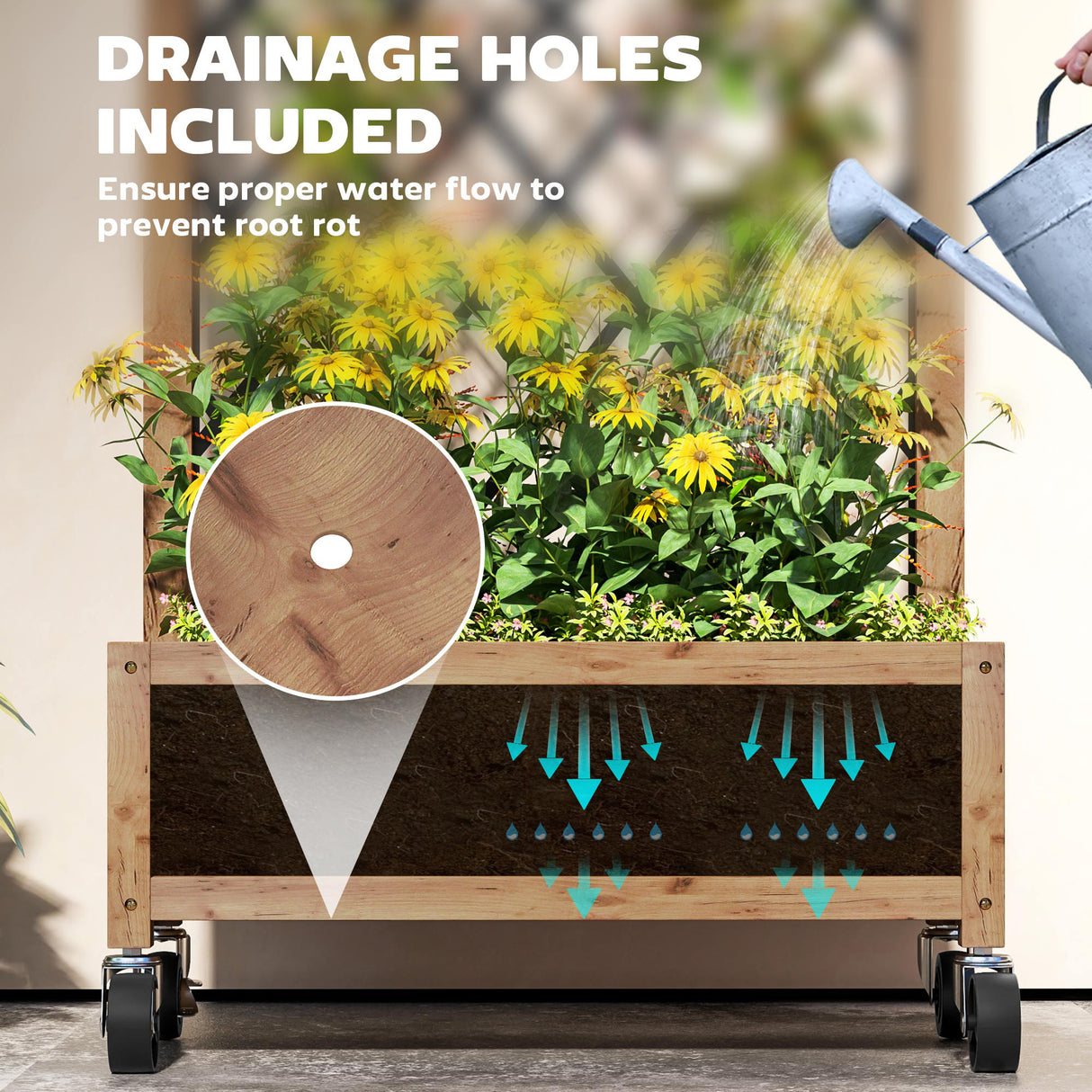 Fir Wood Outdoor Garden Planter Box With Wheels 52cm Wide - Velmora