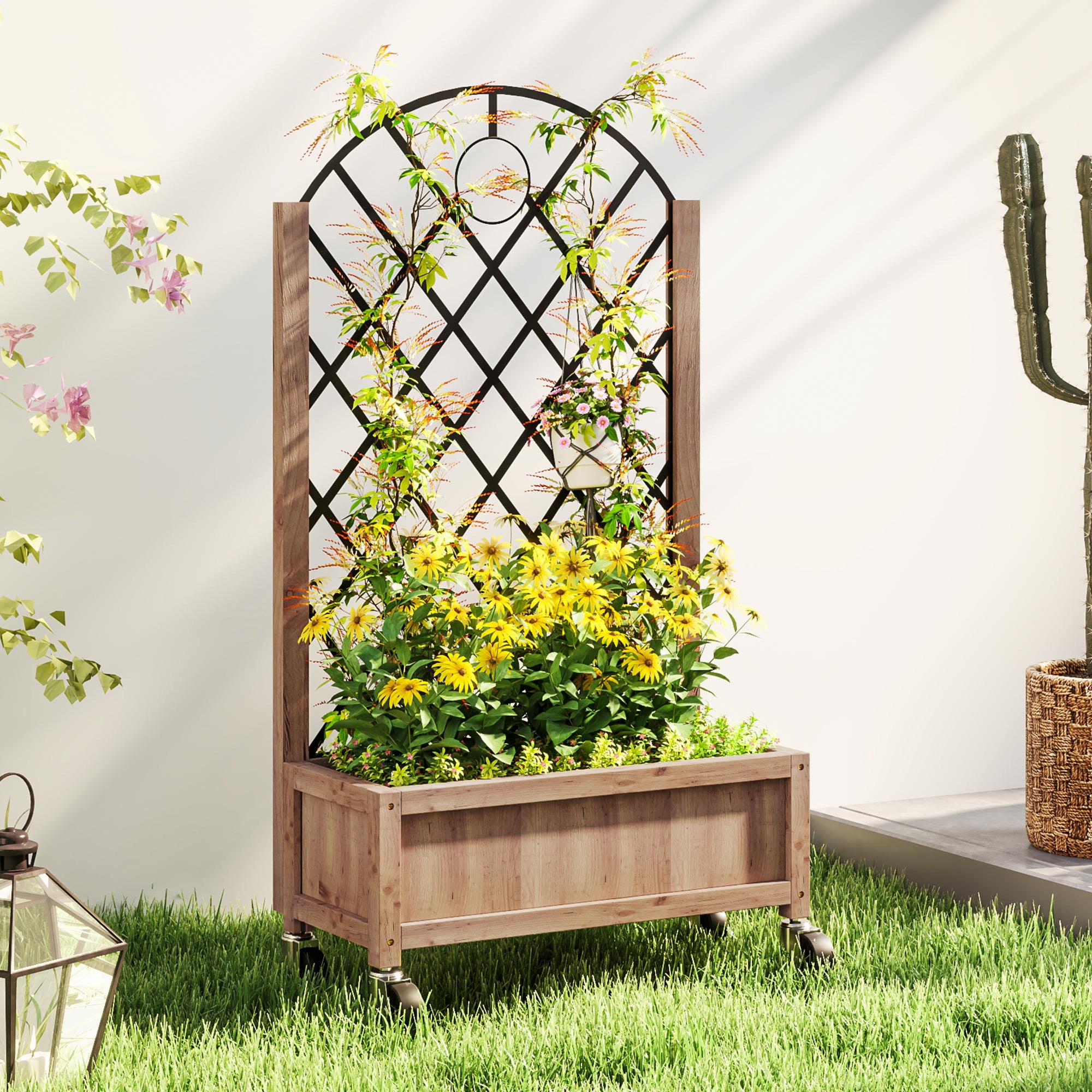 Fir Wood Outdoor Garden Planter Box With Wheels 52cm Wide - Velmora