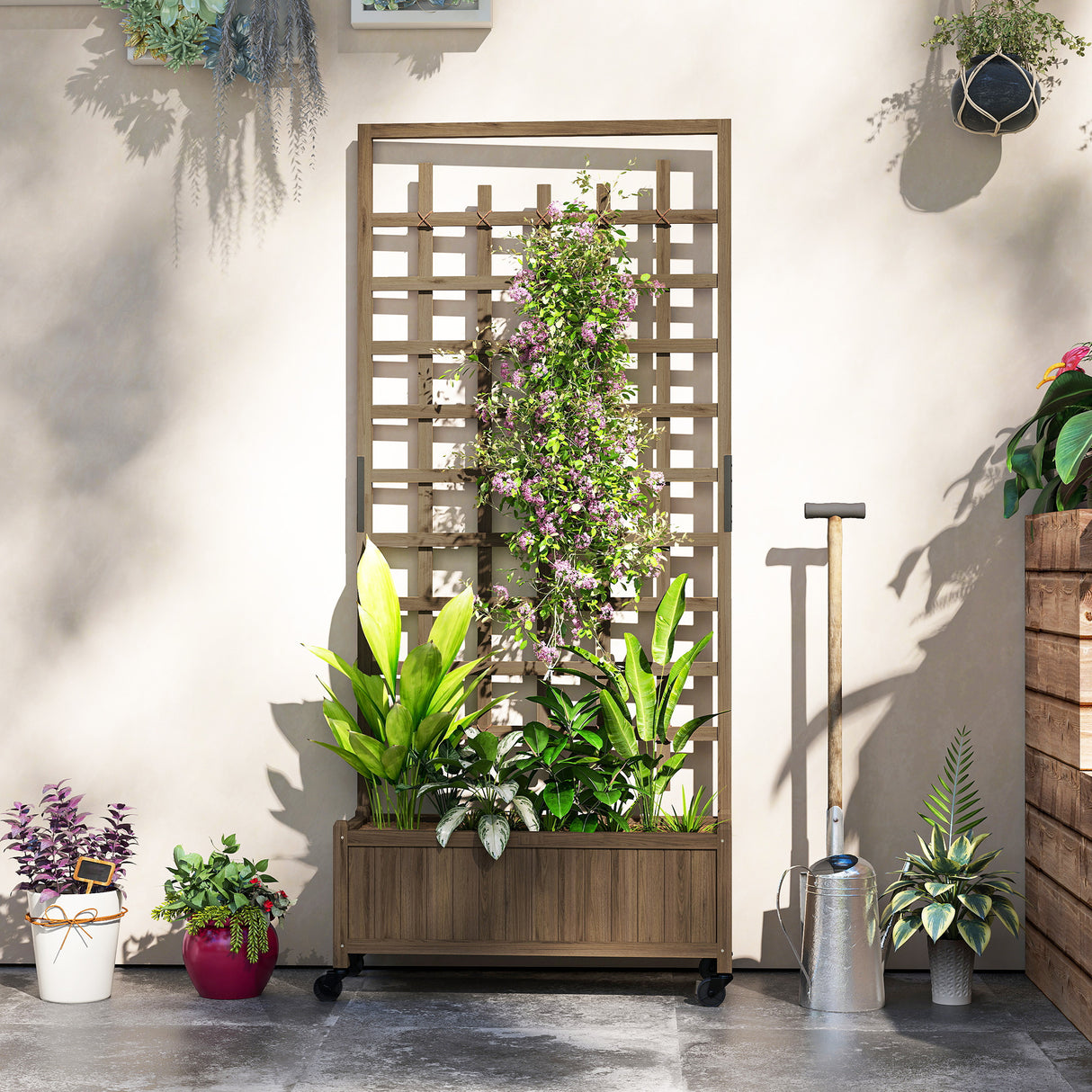 Fir Wood Outdoor Garden Planter Box With Wheels 82.5cm Wide - Velmora