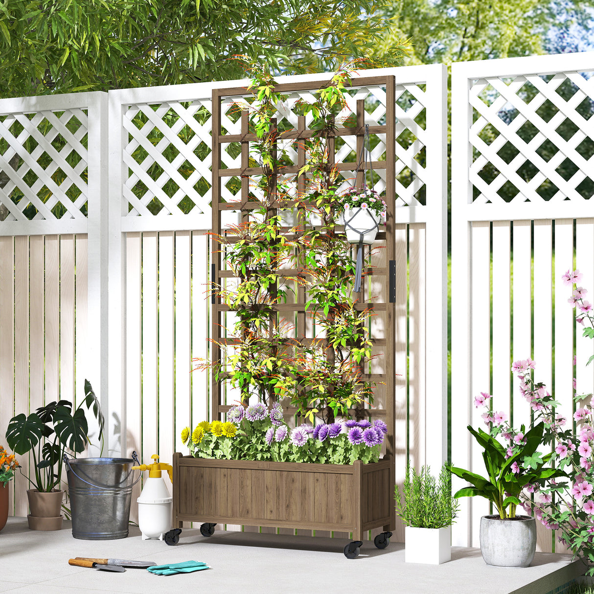 Fir Wood Outdoor Garden Planter Box With Wheels 82.5cm Wide - Velmora