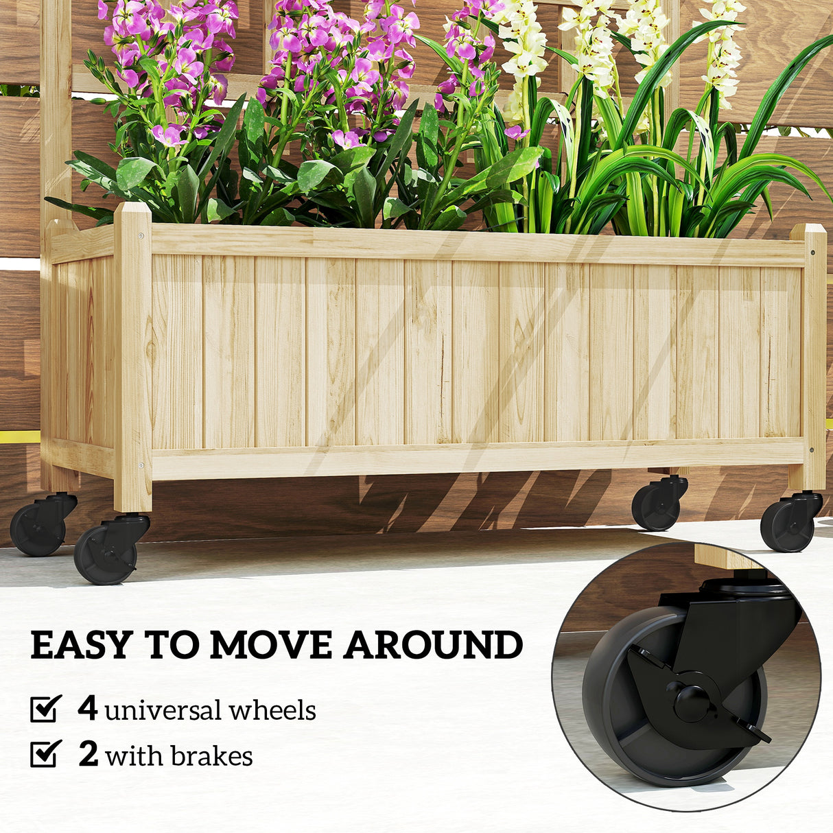 Fir Wood Outdoor Garden Planter Box With Wheels 82.5cm Wide - Velmora
