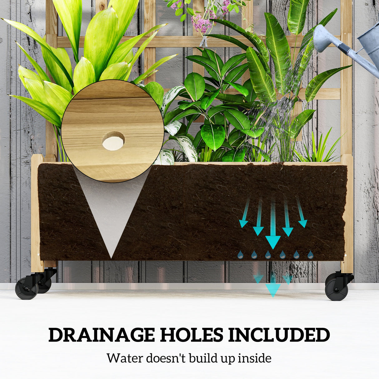 Fir Wood Outdoor Garden Planter Box With Wheels 82.5cm Wide - Velmora