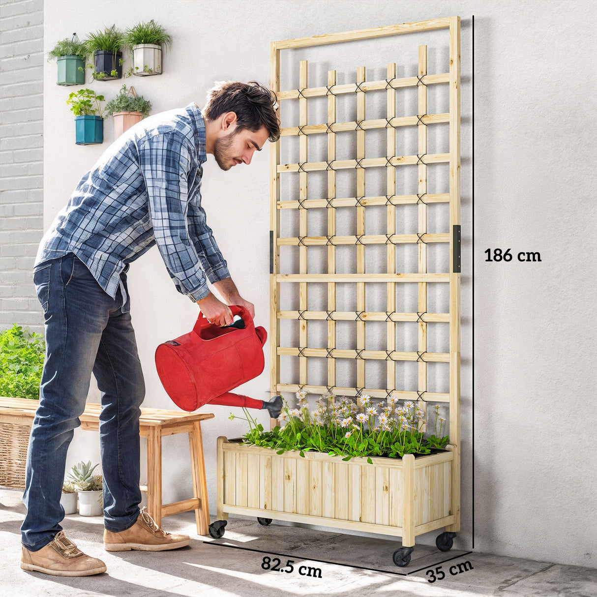 Fir Wood Outdoor Garden Planter Box With Wheels 82.5cm Wide - Velmora