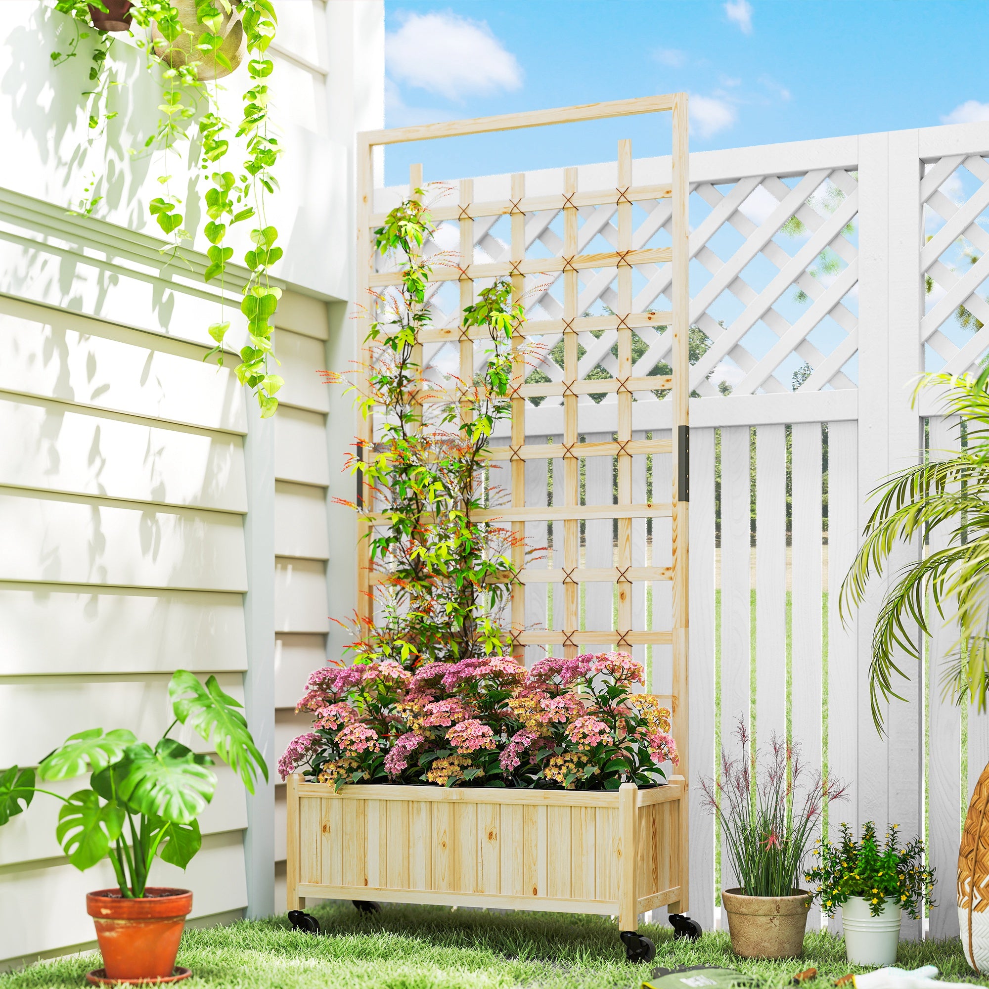 Fir Wood Outdoor Garden Planter Box With Wheels 82.5cm Wide - Velmora
