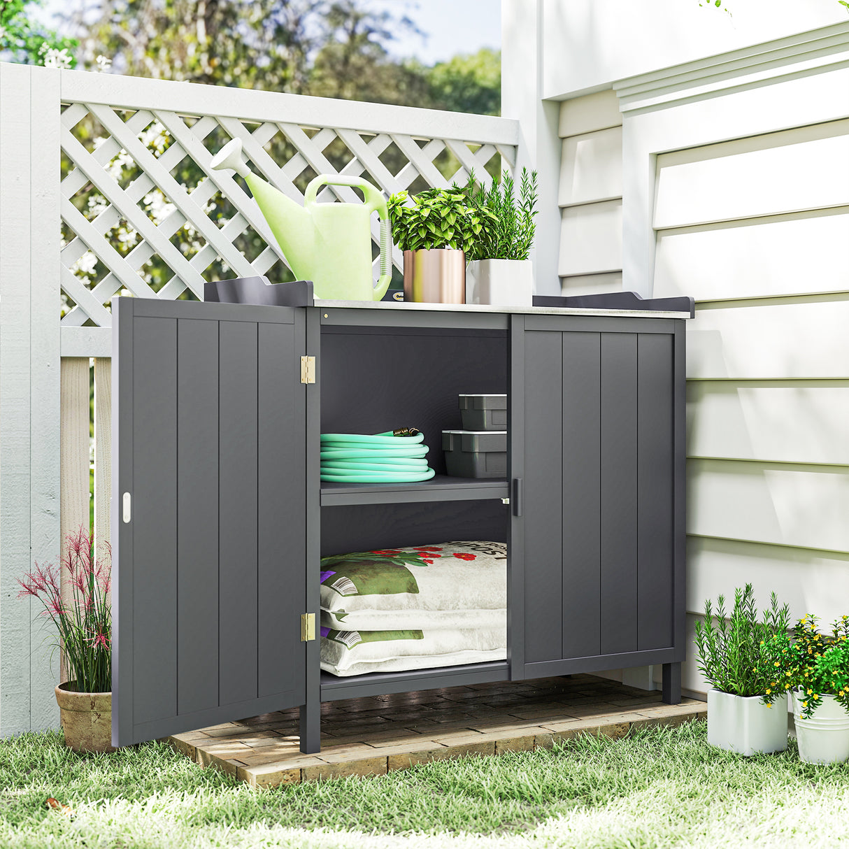 Fir Wood Outdoor Garden Storage Cabinet 98cm Wide - Velmora
