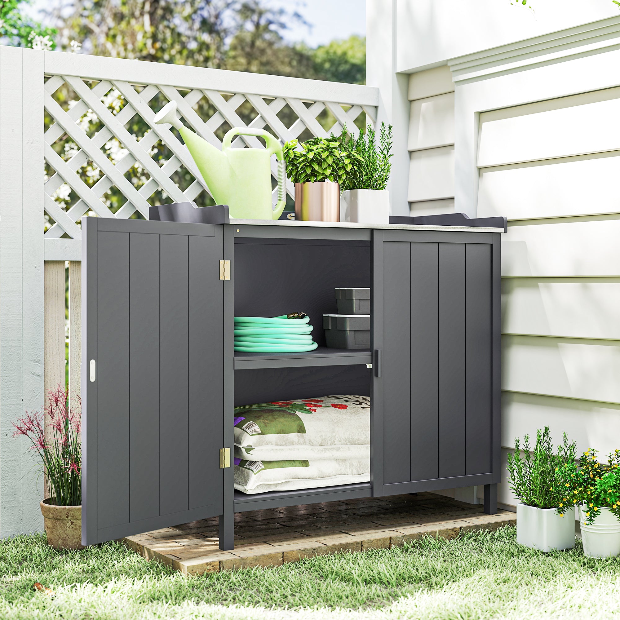 Fir Wood Outdoor Garden Storage Cabinet 98cm Wide - Velmora