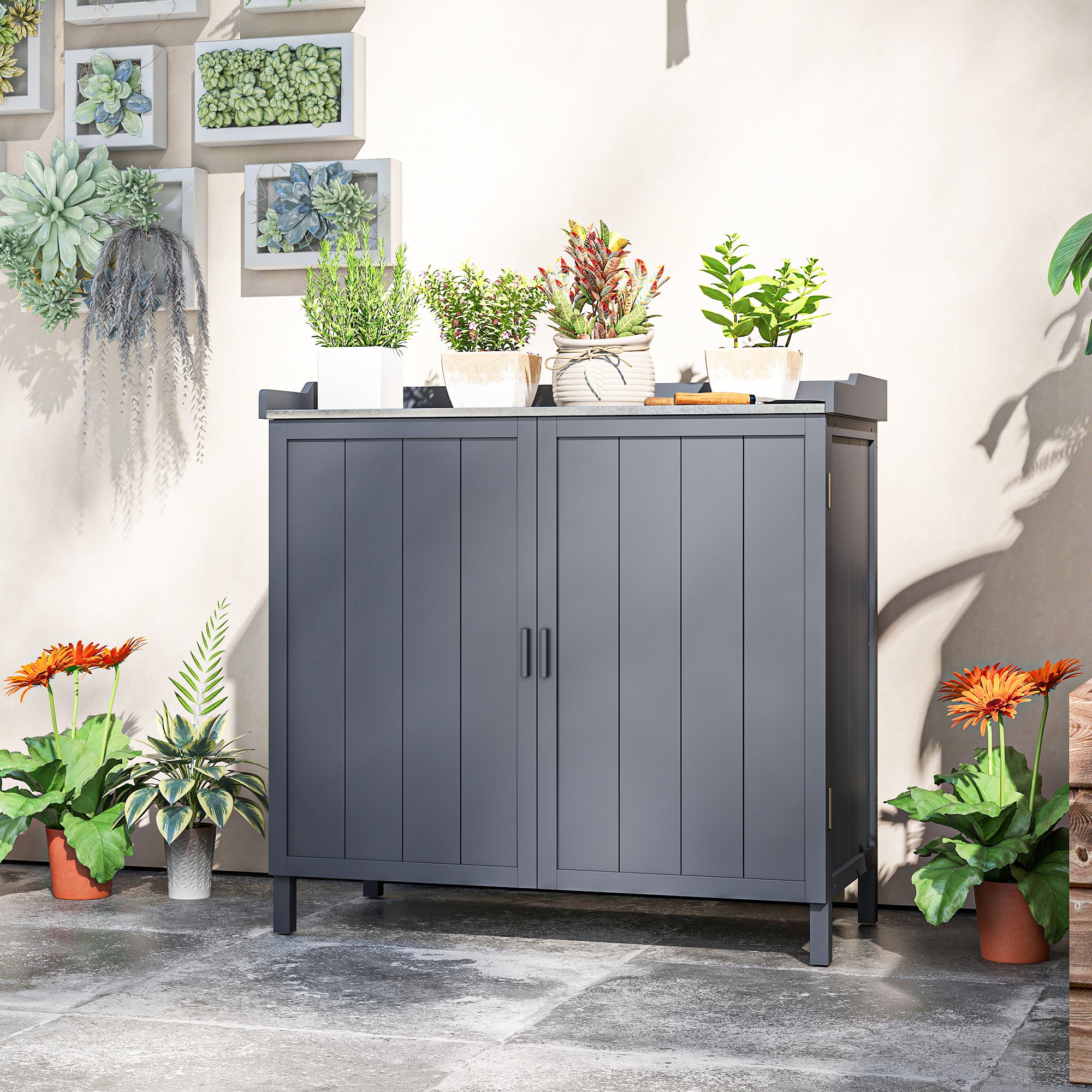 Fir Wood Outdoor Garden Storage Cabinet 98cm Wide - Velmora