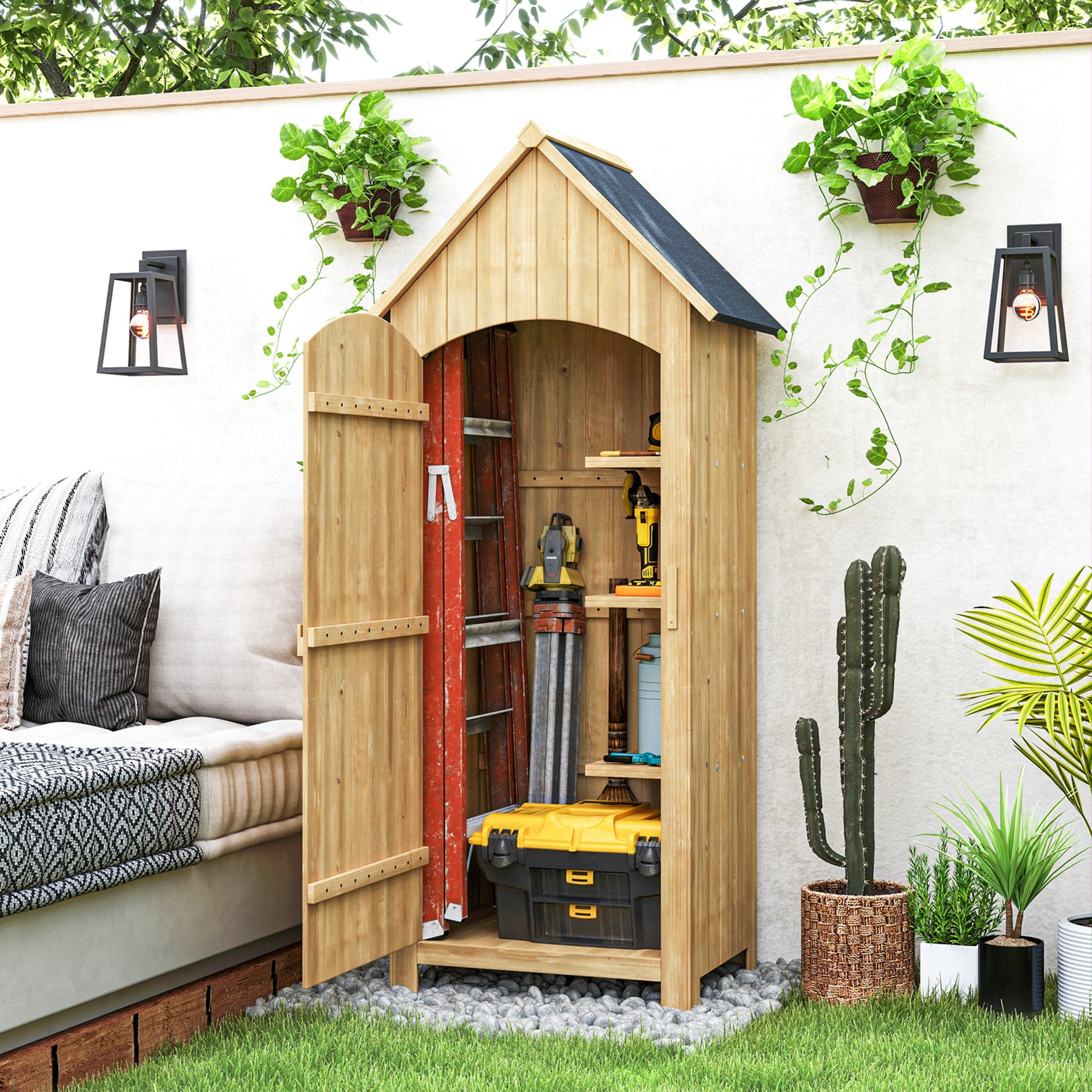 Fir Wood Outdoor Garden Storage Shed 77cm Wide With Tilt Roof - Velmora