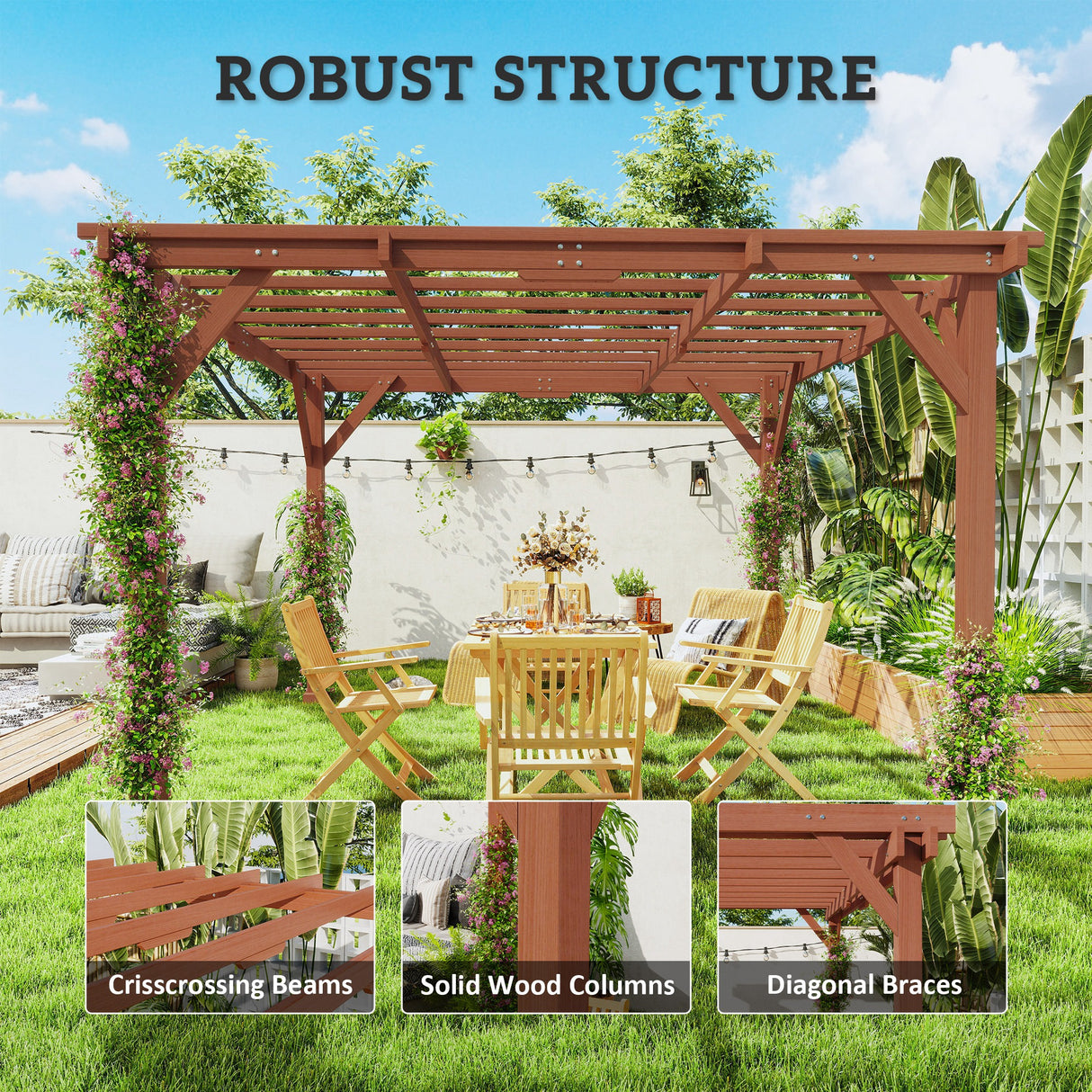 Fir Wood Pergola 327cm Width x 327cm Depth - Velmora