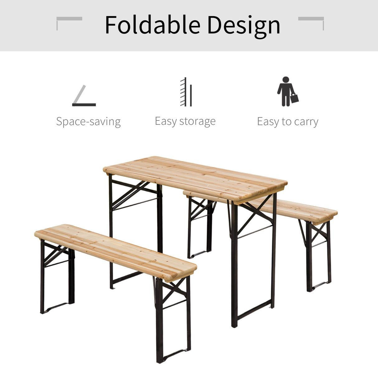 Fir Wood Portable Folding Camping Garden Dining Set With 2 Benches - Velmora