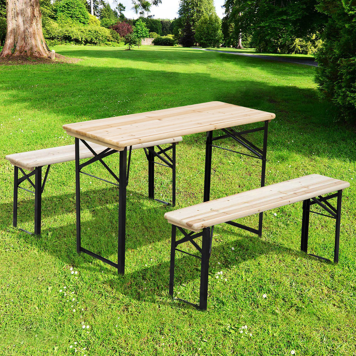 Fir Wood Portable Folding Camping Garden Dining Set With 2 Benches - Velmora