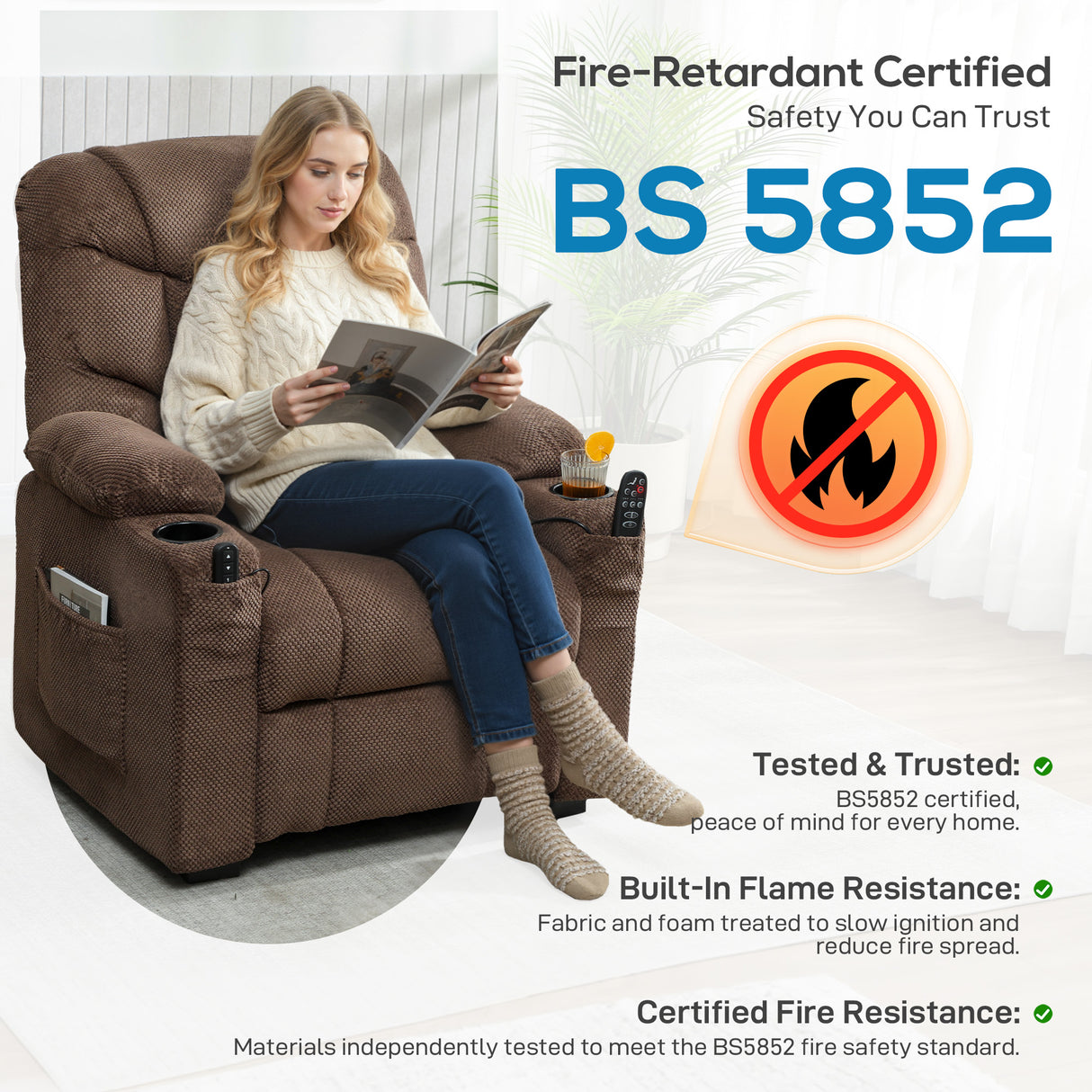 Fleece Fabric Electric Recliner Chair 96cm Wide - Velmora
