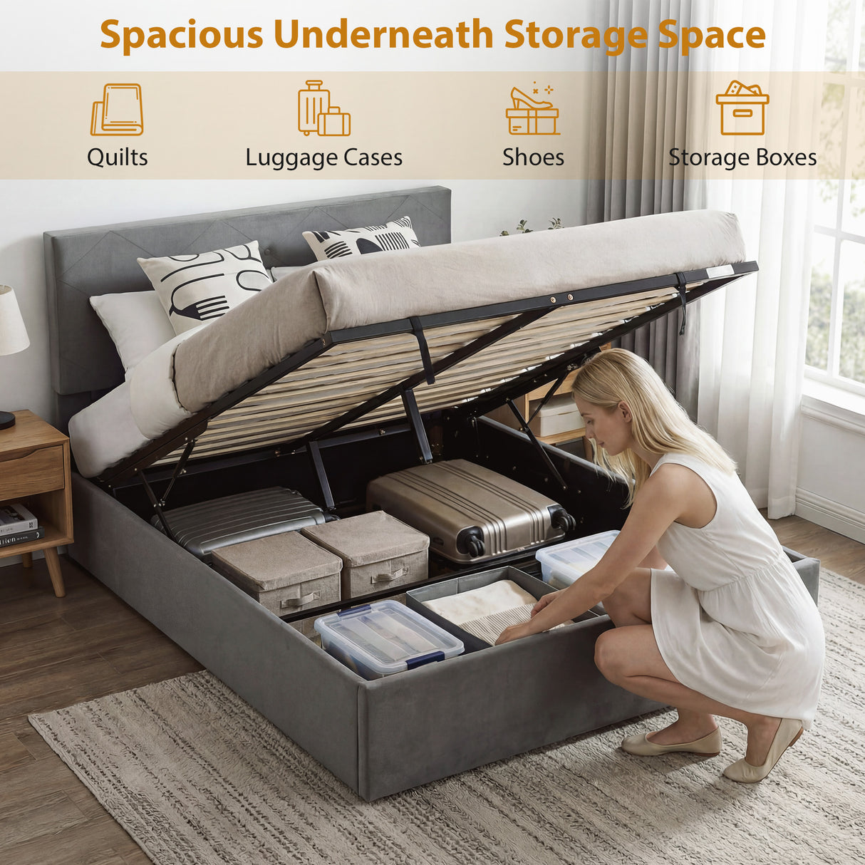 Frosted Velvet Double Ottoman Storage Bed 141cm Wide - Velmora