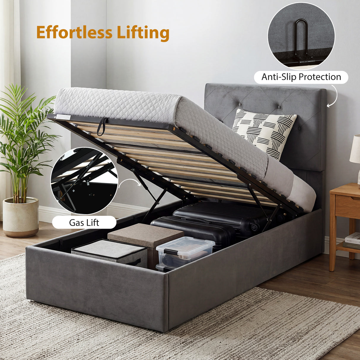 Frosted Velvet Single Ottoman Storage Bed 91cm Wide - Velmora