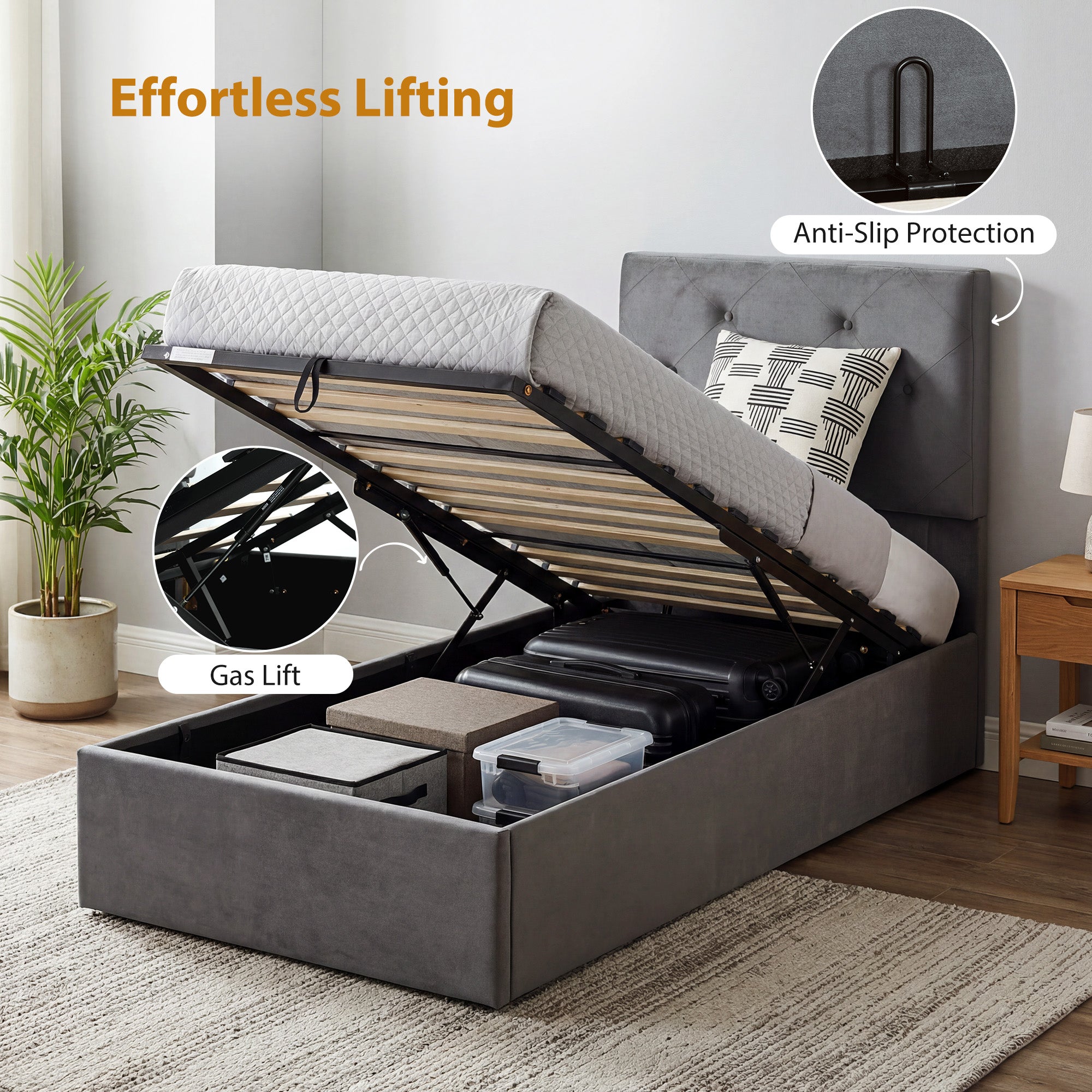 Frosted Velvet Single Ottoman Storage Bed 91cm Wide - Velmora