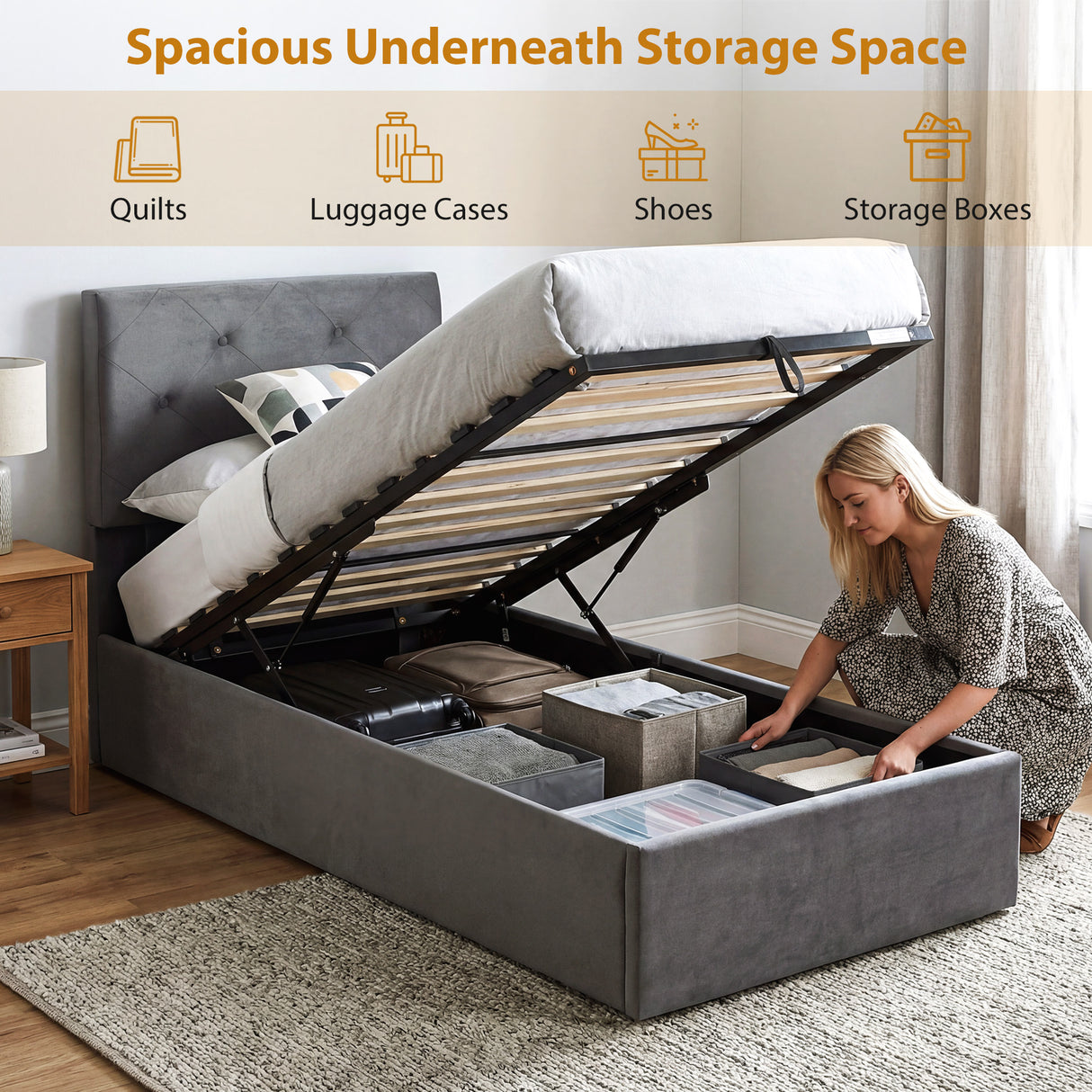 Frosted Velvet Single Ottoman Storage Bed 91cm Wide - Velmora