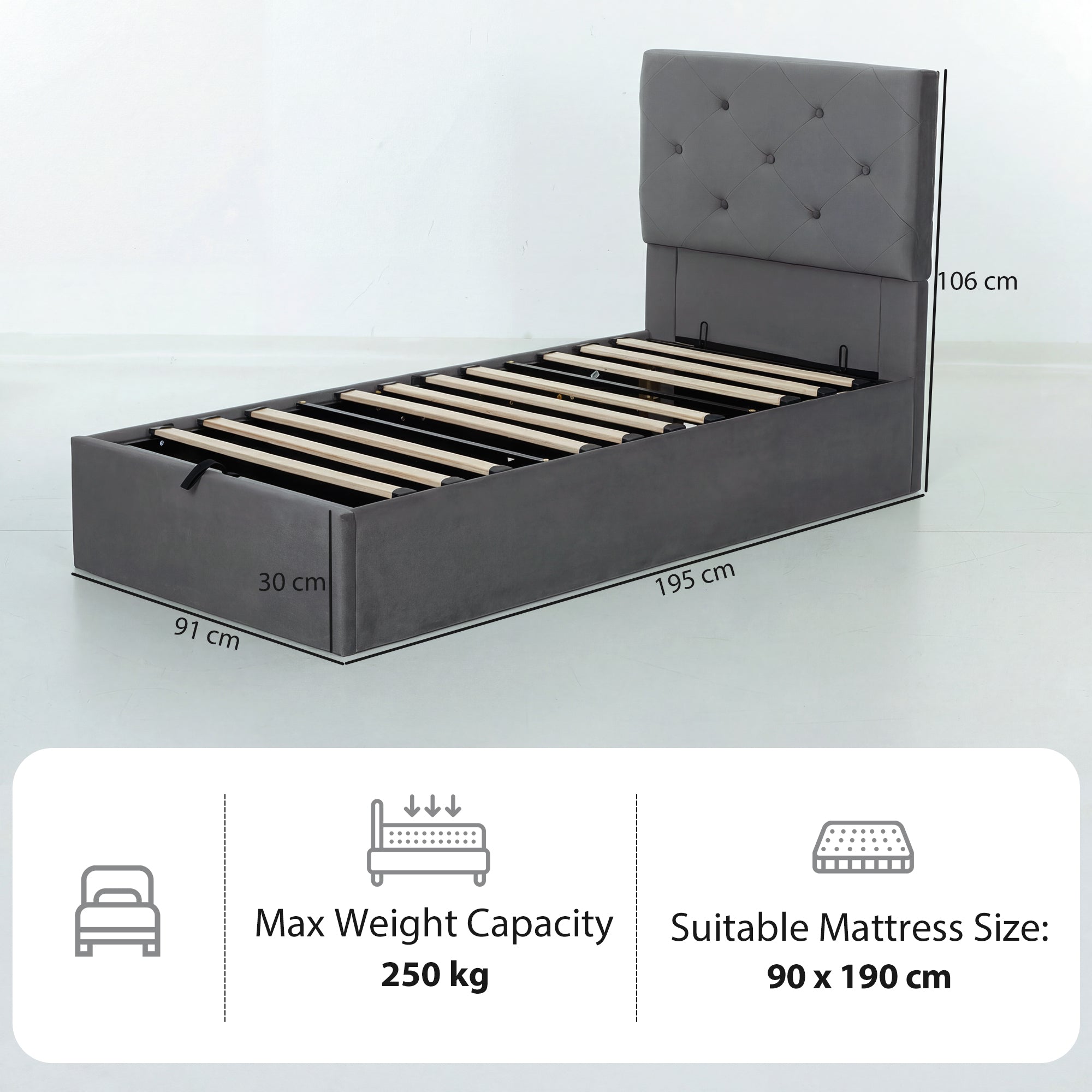 Frosted Velvet Single Ottoman Storage Bed 91cm Wide - Velmora