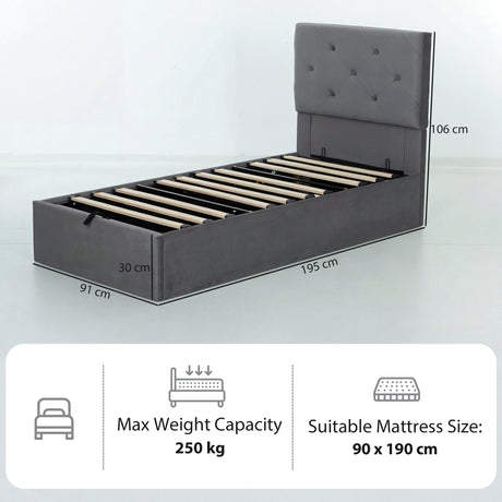 Frosted Velvet Single Ottoman Storage Bed 91cm Wide - Velmora