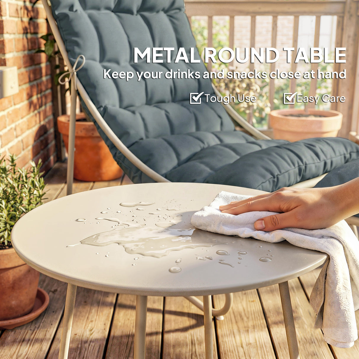 Galvanised Steel 3 Pieces Garden Bistro Set With Footstool and Removable Cushions - Velmora