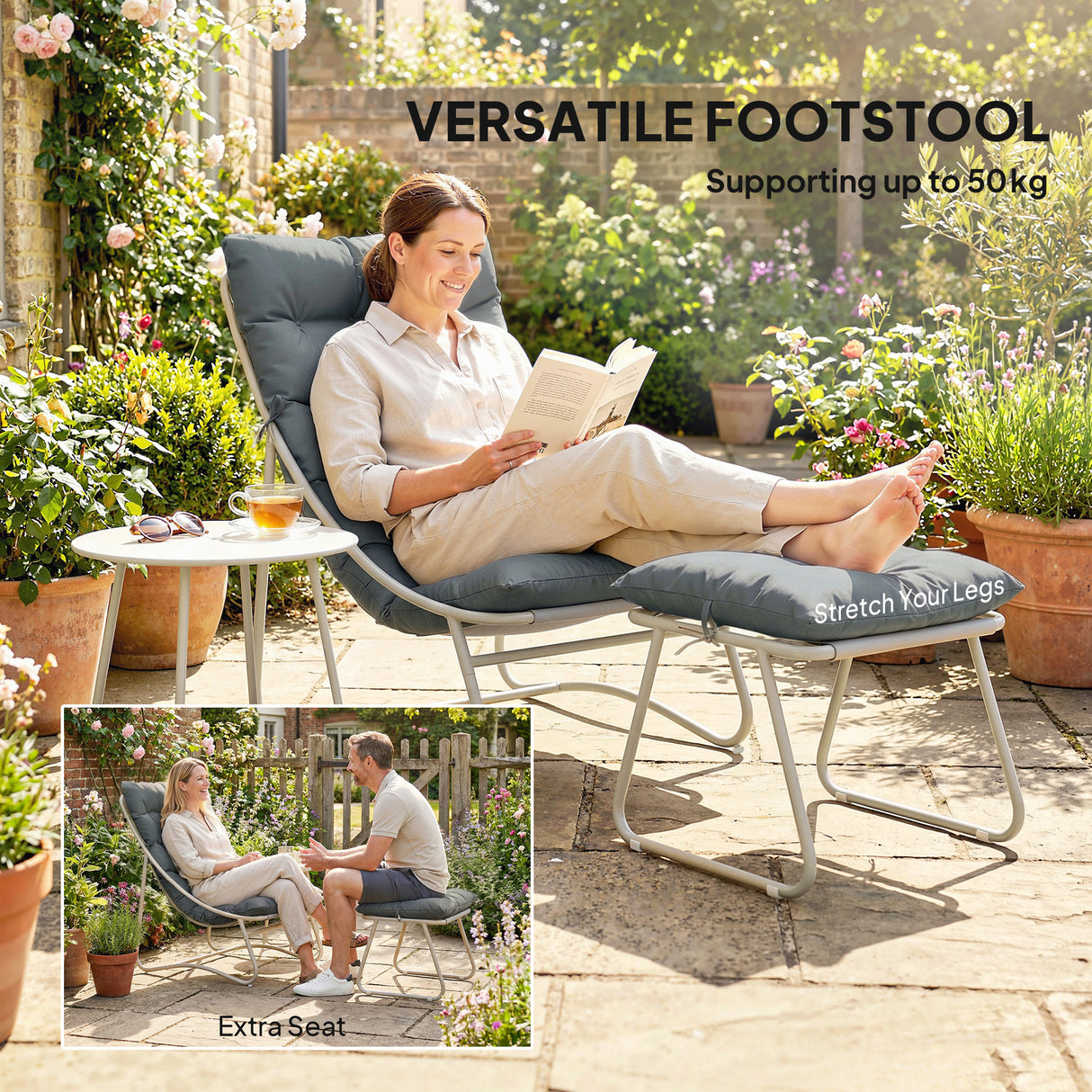 Galvanised Steel 3 Pieces Garden Bistro Set With Footstool and Removable Cushions - Velmora