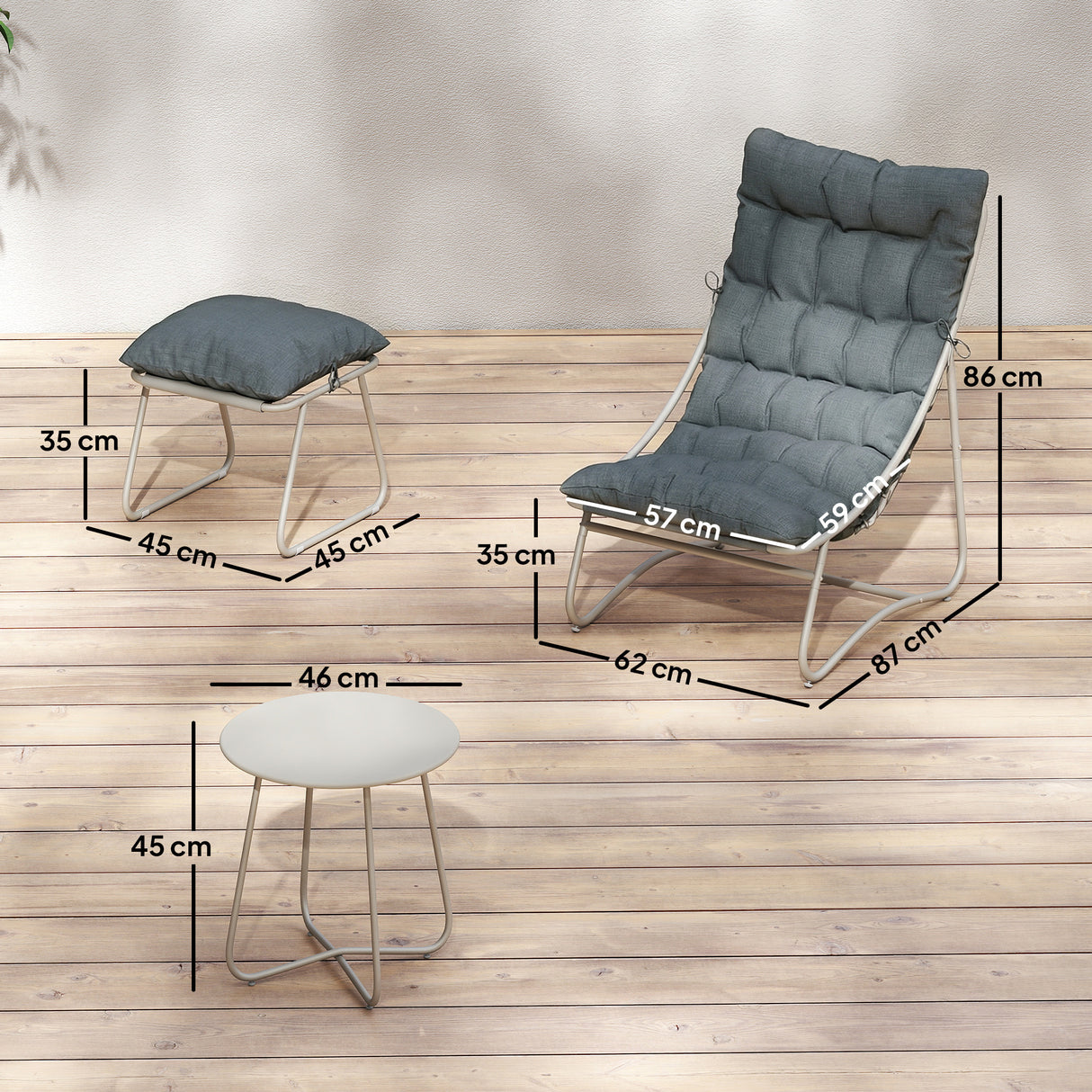 Galvanised Steel 3 Pieces Garden Bistro Set With Footstool and Removable Cushions - Velmora