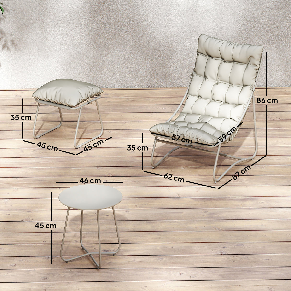 Galvanised Steel 3 Pieces Garden Bistro Set With Footstool and Removable Cushions - Velmora