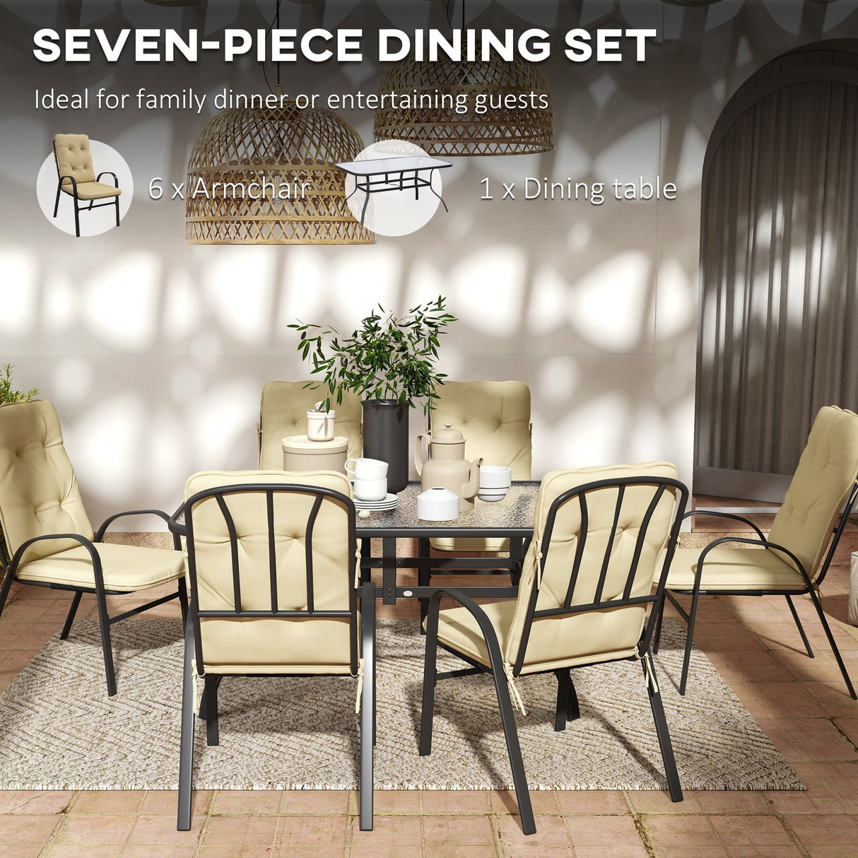 Galvanised Steel 7 Pieces Minimal Garden Dining Set With Cushions And Parasol Hole - Velmora