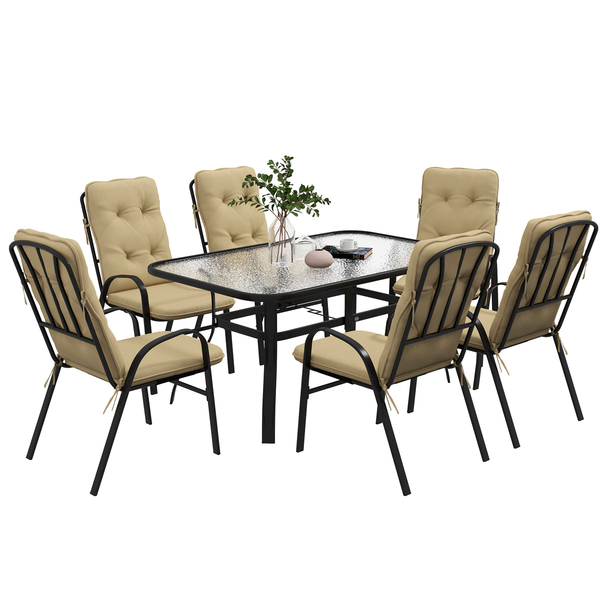 Galvanised Steel 7 Pieces Minimal Garden Dining Set With Cushions And Parasol Hole - Velmora